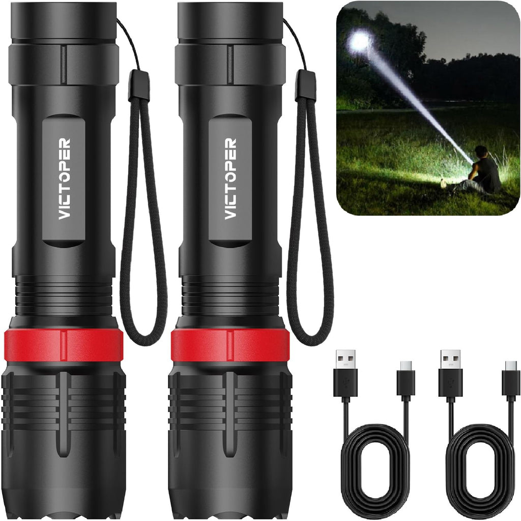 Victoper LED Flashlight 2 Pack, Bright Tactical Torch High Lumens 5 Modes, Waterproof Zoomable Flash Light for Outdoor, Birthday Gifts for Men, Dorm Room Hiking Camping Essentials Gear for Guys