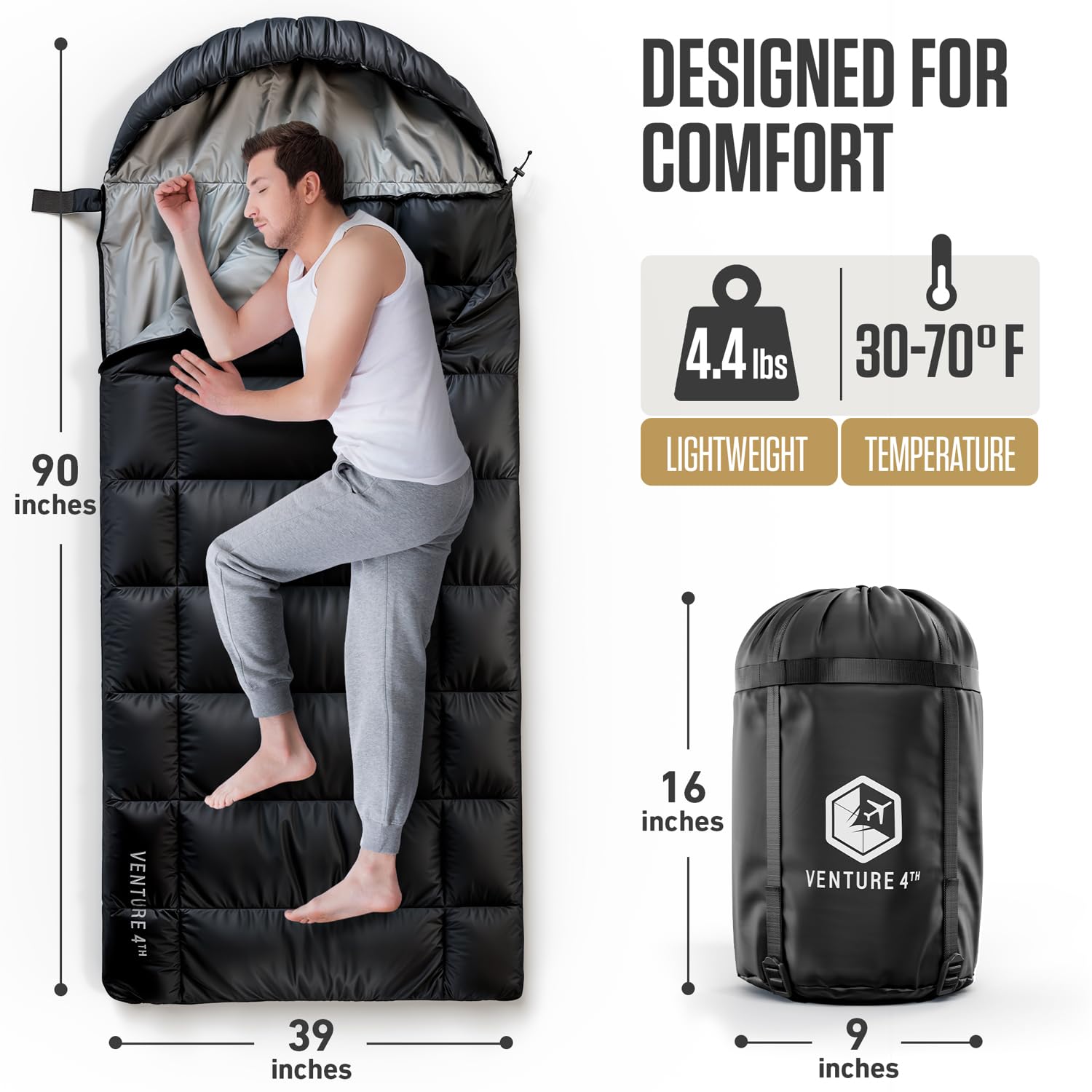 VENTURE 4TH Backpacking Sleeping Bag – XXL, Double and Single Sizes - Lightweight Warm & Cold Weather Sleeping Bags for Adults, Kids & Couples – Ideal for Hiking, Camping & Outdoor Adventures