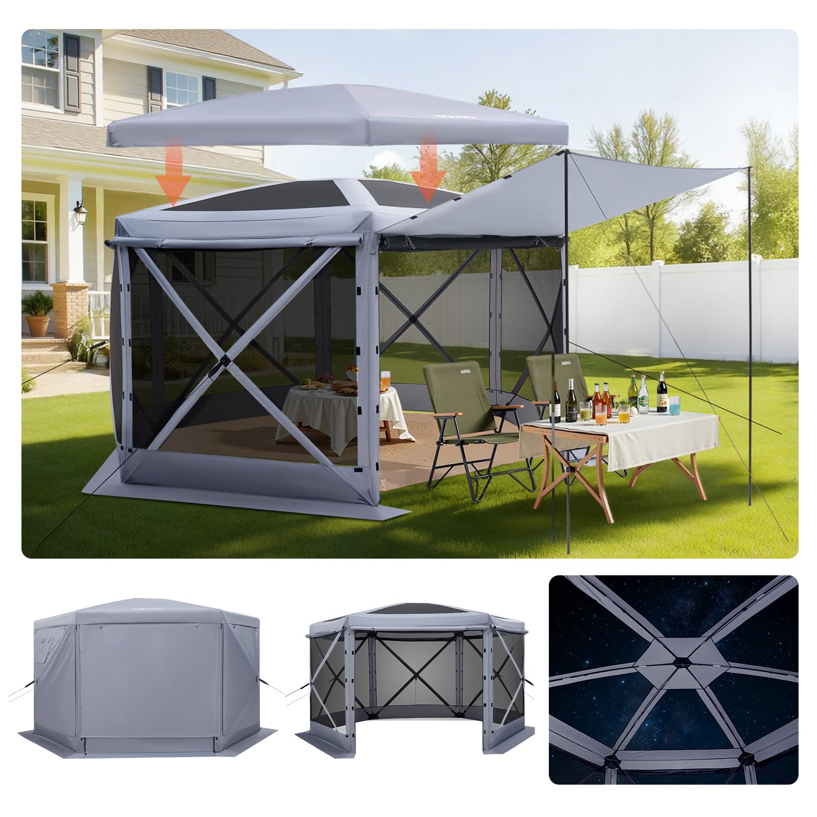 VEVOR 12x12ft Pop Up Gazebo Tent with Privacy Panels, Mosquito Netting & Removable Wind Cloths, 6-Sided Outdoor Canopy for Patio