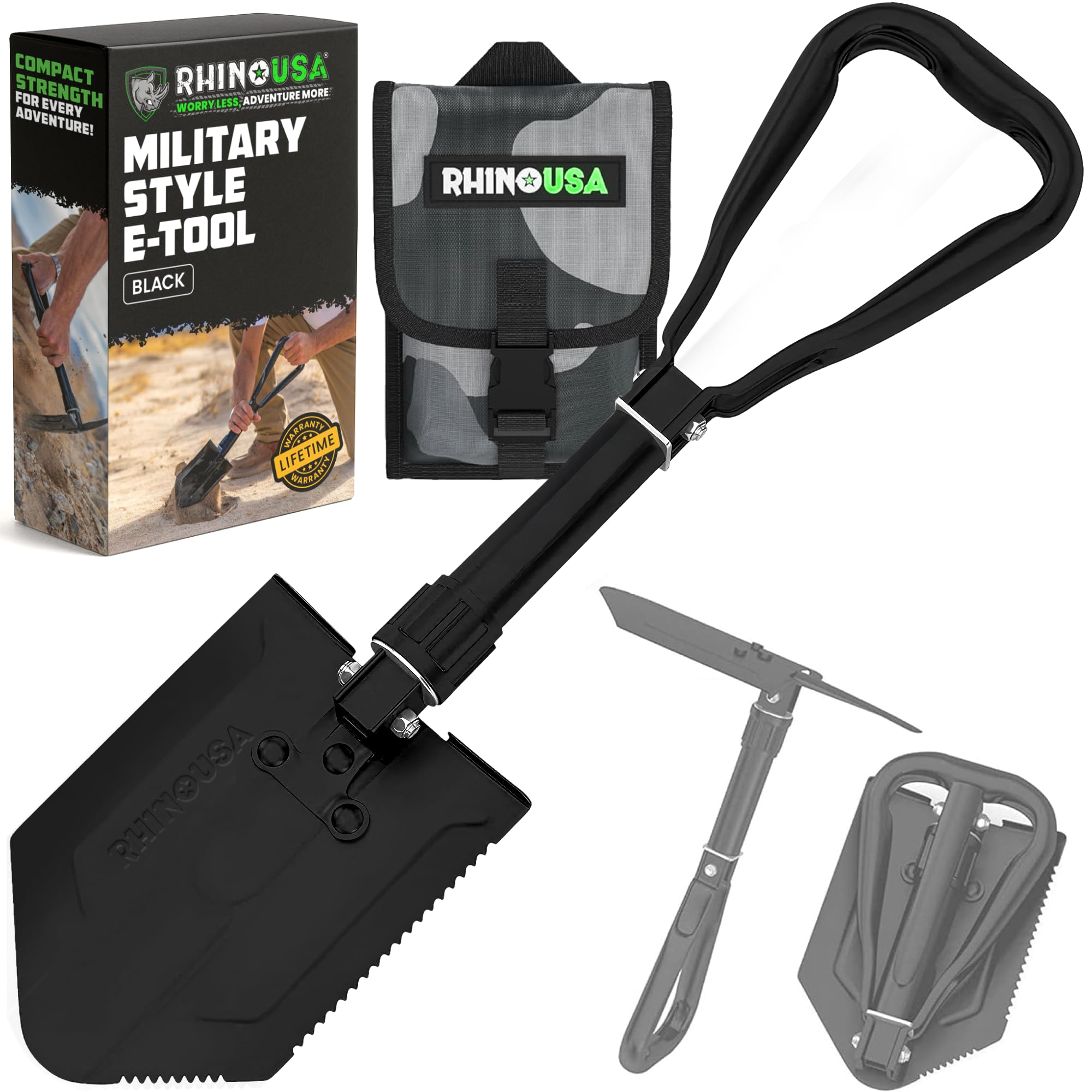 Rhino USA Folding Camping Shovel with Pick - Tactical Entrenching Tool