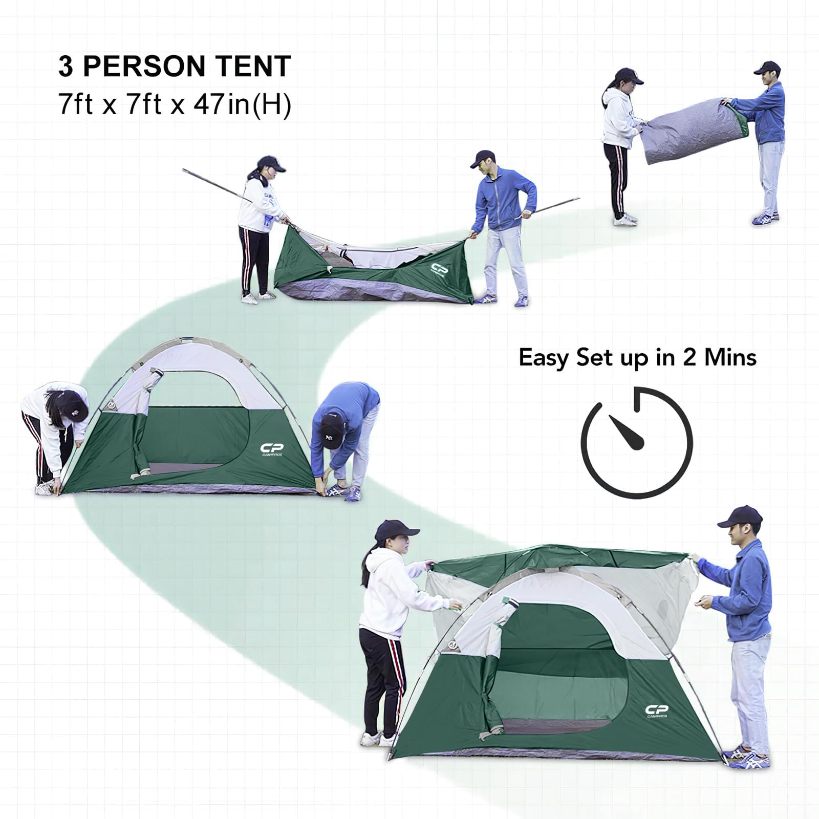 CAMPROS CP 3 Person Tent, Dome Tents for Camping with Rainfly, Waterproof Camping Tent Easy Set Up, Portable Family Tent with Large Mesh Window & Carry Bag for Outdoor Hiking