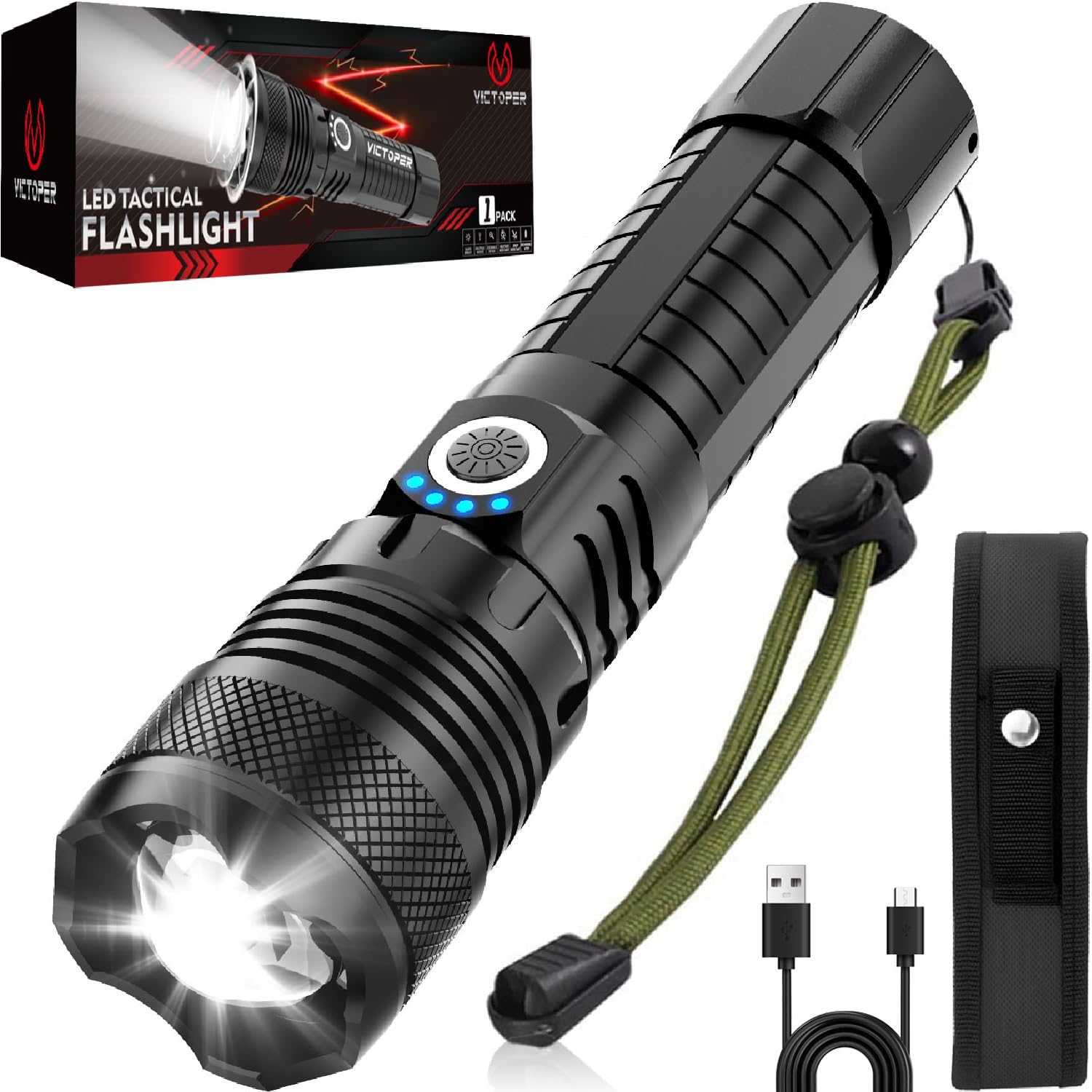 Victoper LED Flashlight 2 Pack, Bright Tactical Torch High Lumens 5 Modes, Waterproof Zoomable Flash Light for Outdoor, Birthday Gifts for Men, Dorm Room Hiking Camping Essentials Gear for Guys