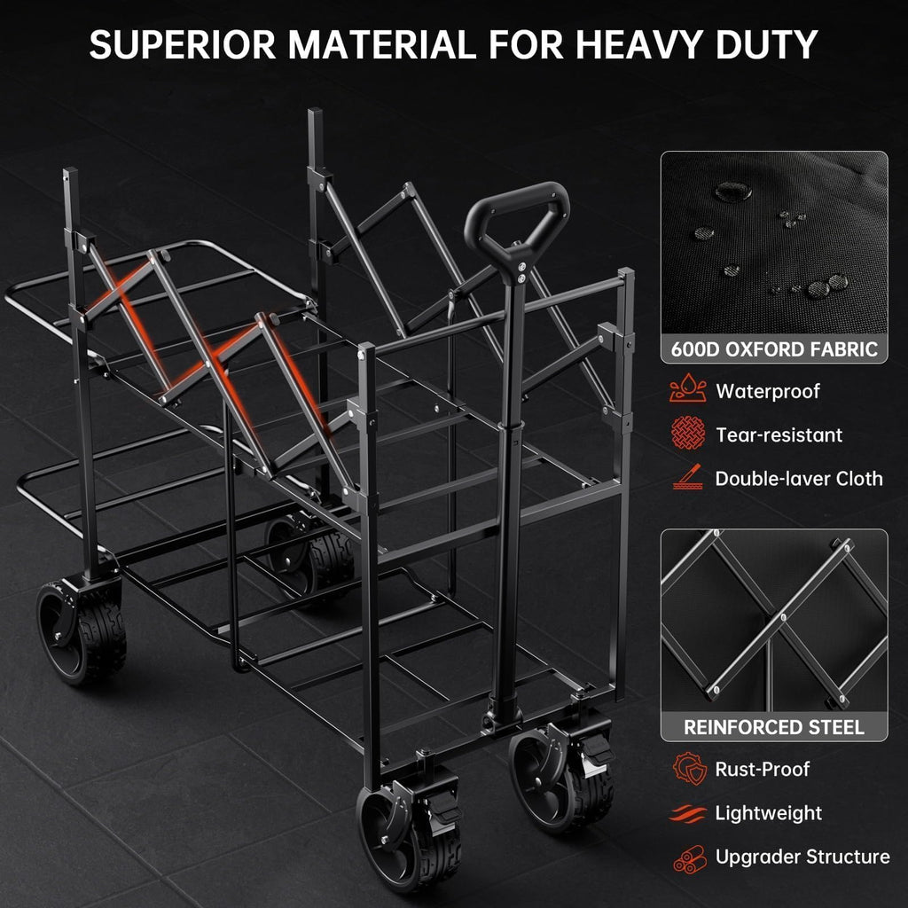 DUHKOI Double Decker Wagon 320L Large Capacity 400LBS Collapsible Sports Utility Cart with Big Wheels,Double Extended Tailgate Heavy Duty Folding Wagon Cart for Groceries,Camping,Outdoor