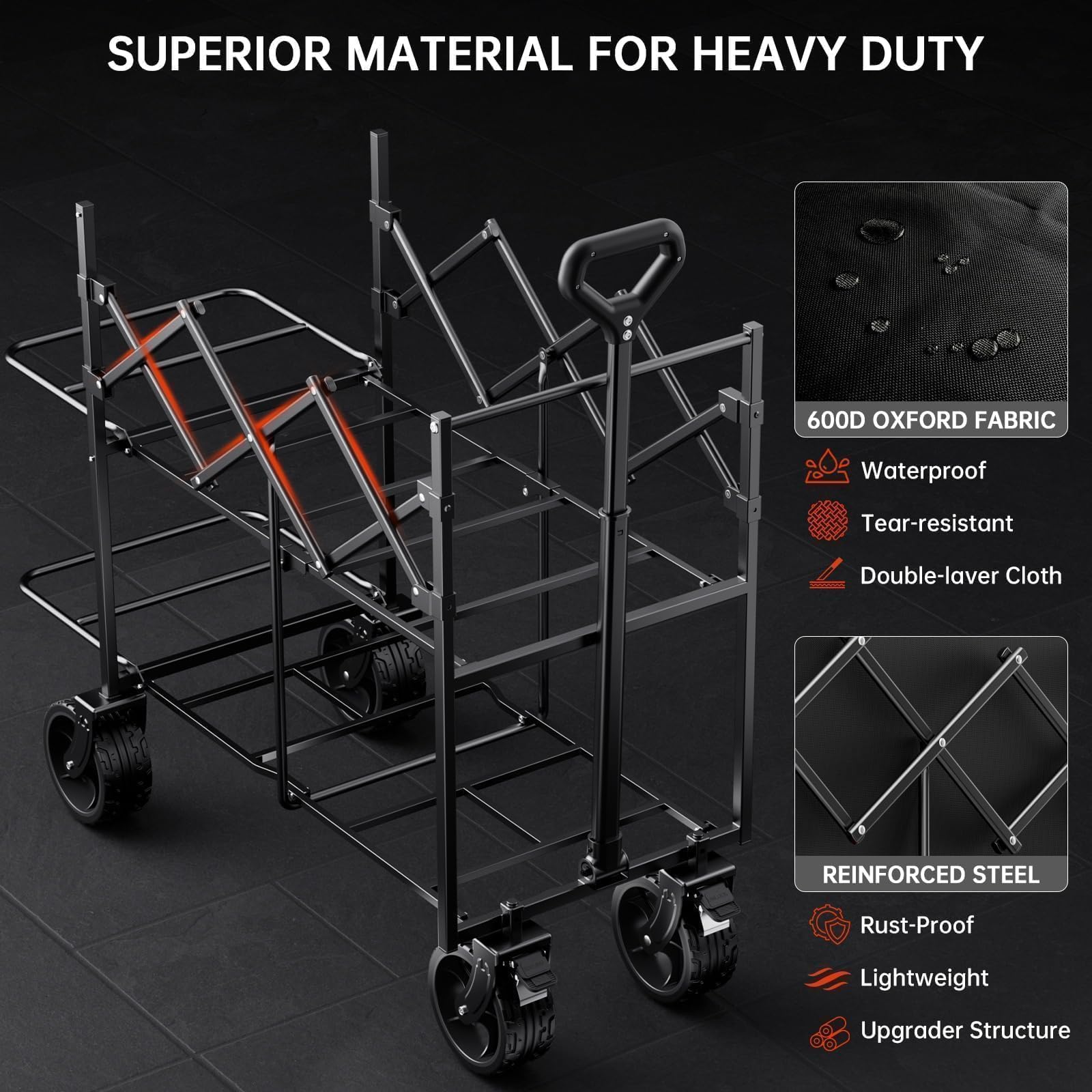 DUHKOI Double Decker Wagon 320L Large Capacity 400LBS Collapsible Sports Utility Cart with Big Wheels,Double Extended Tailgate Heavy Duty Folding Wagon Cart for Groceries,Camping,Outdoor
