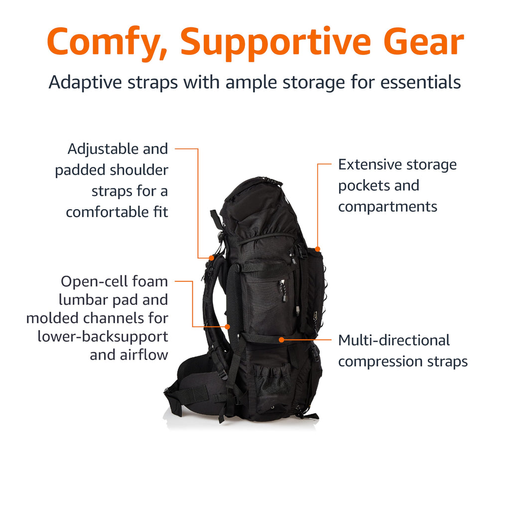 Amazon Basics Internal Frame Hiking Backpack for Camping and Backpacking, Adjustable Straps, Rainfly Included