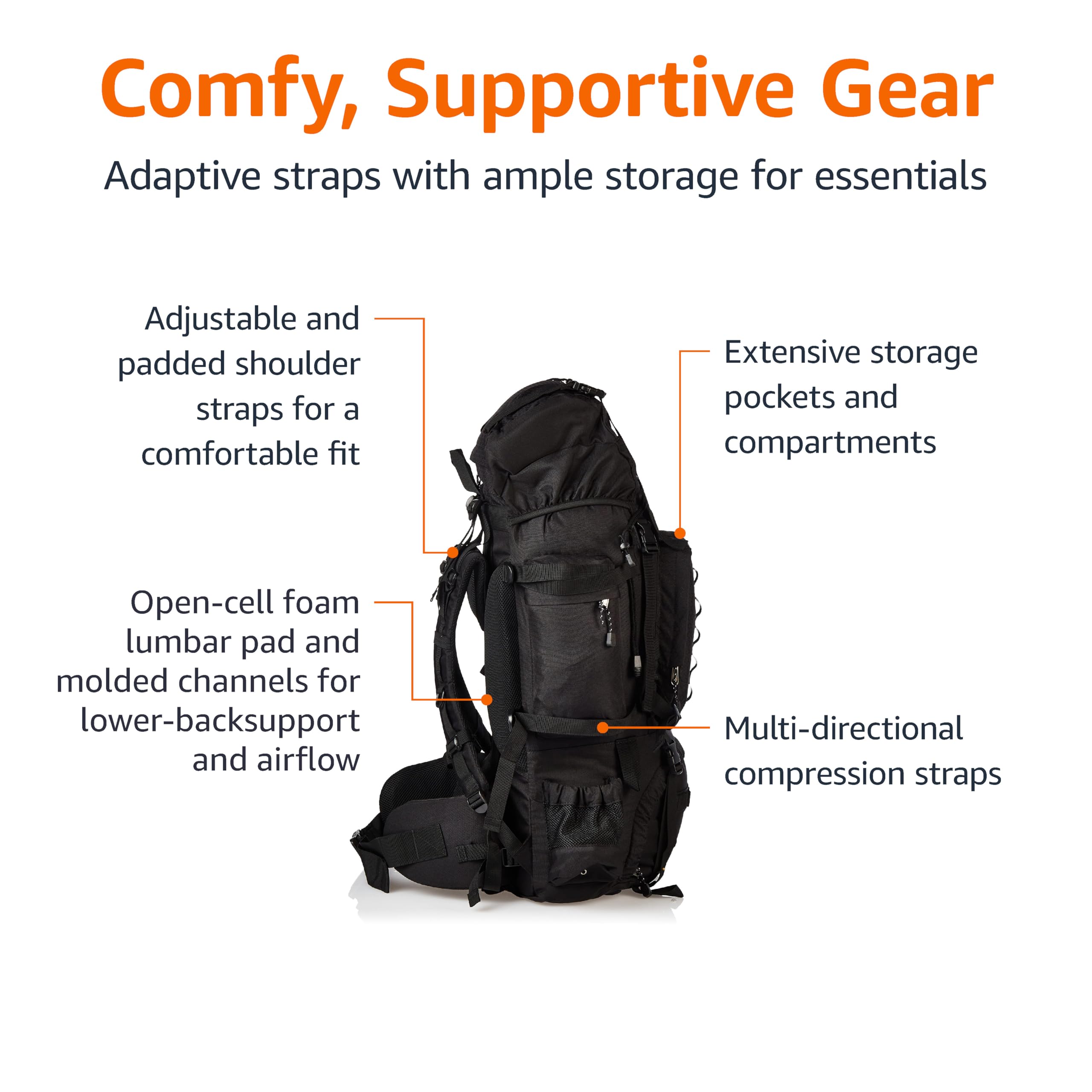 Amazon Basics Internal Frame Hiking Backpack for Camping and Backpacking, Adjustable Straps, Rainfly Included