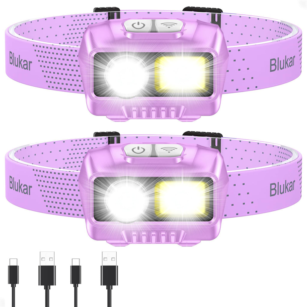 Blukar LED Headlamp Rechargeable, High Lumen Super Bright Dimmable Headlight Flashlight with Motion Sensor- 8 Modes,Spotlight&Floodlight,IPX5 Waterproof for Camping,Hiking,Running,Fishing -2 Pack