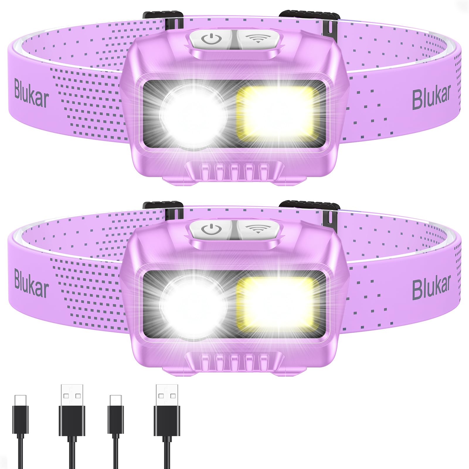 Blukar LED Headlamp Rechargeable, High Lumen Super Bright Dimmable Headlight Flashlight with Motion Sensor- 8 Modes,Spotlight&Floodlight,IPX5 Waterproof for Camping,Hiking,Running,Fishing -2 Pack