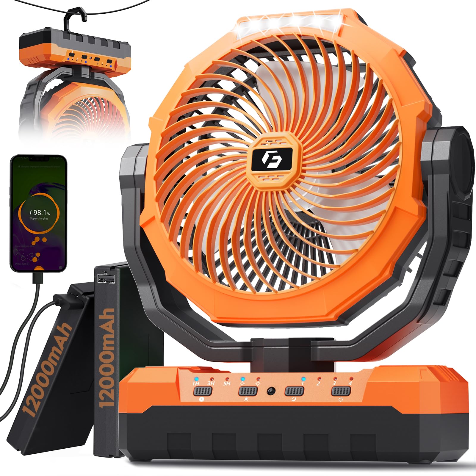 FRIZCOL 3-in-1 Camping Fan - Portable Fans Rechargeable - 24000mAh Battery Powered Fan with Light & Remote for Indoor, Outdoor, Tent, Travel, Fishing, Jobsite, Gifts for Men Dad Him