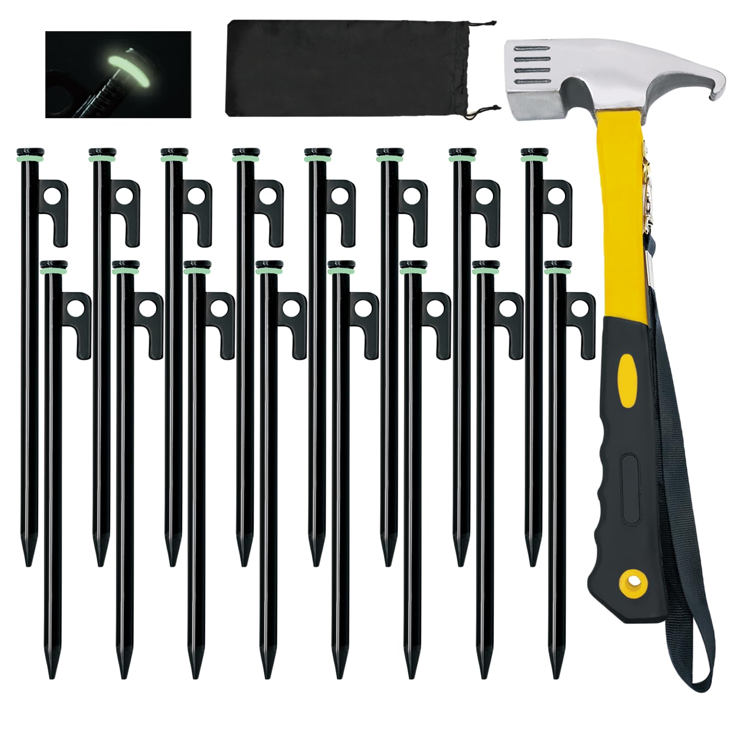 Heavy Duty 12-Pack 10in Forged Steel Tent Stakes + Hammer & Storage Pouch, Ideal for Camping on Rocks & Grassland