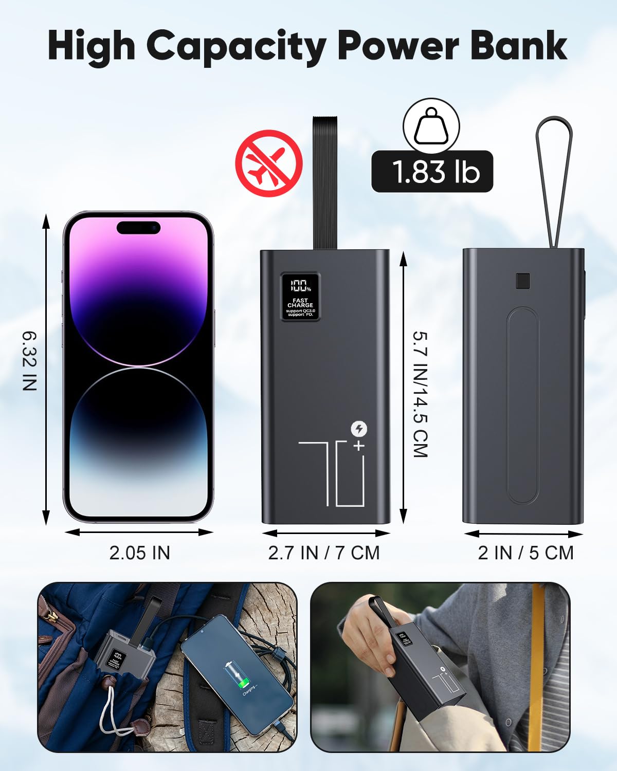 Liahomco Large Power Bank High Capacity Portable Charger,30W PD & QC 3.0 USB-C Fast Charging Battery Pack,5 Outputs 2 Inputs Powerbank with LED Display External Backup Battery Bank for Camping Travel