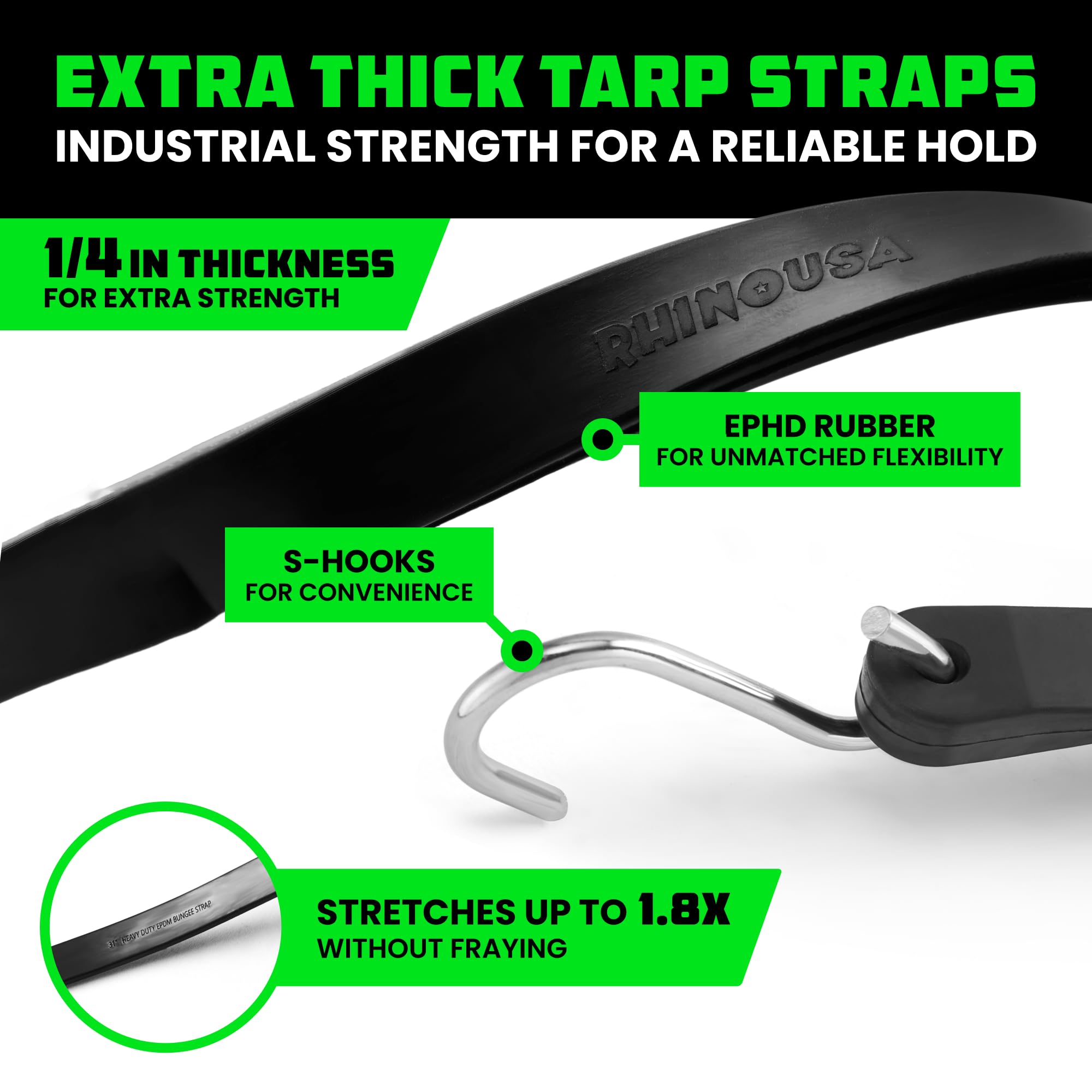 Rhino USA Bungee Cords with Hooks - Heavy Duty Outdoor Assorted