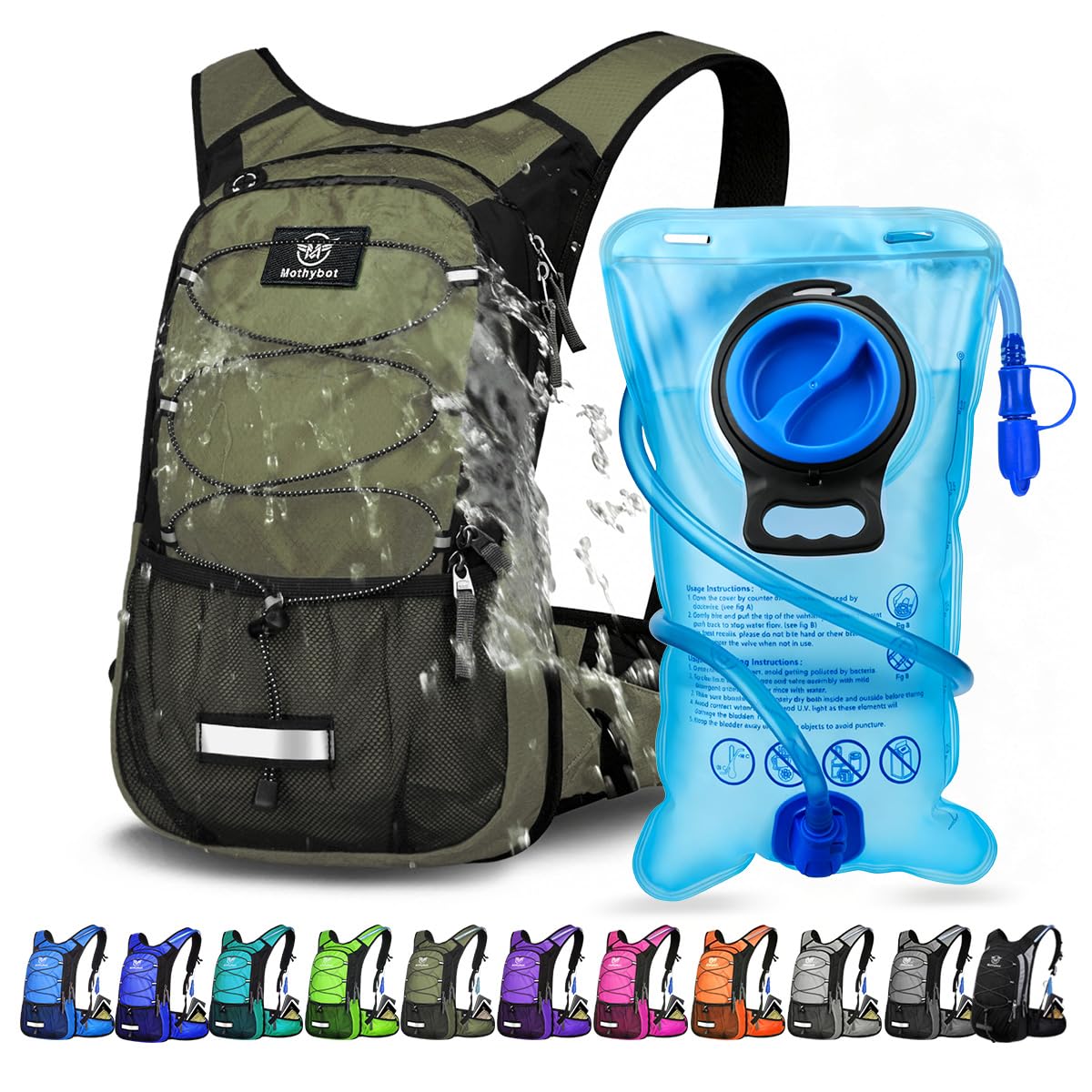 Mothybot Insulated Hydration Backpack Pack with 3L BPA Free Leak Proof Water Bladder, Large Storage Lightweight Hiking Daypack with Waist Pouches & Cooler Layer, for Running, Biking, Camping, Festival