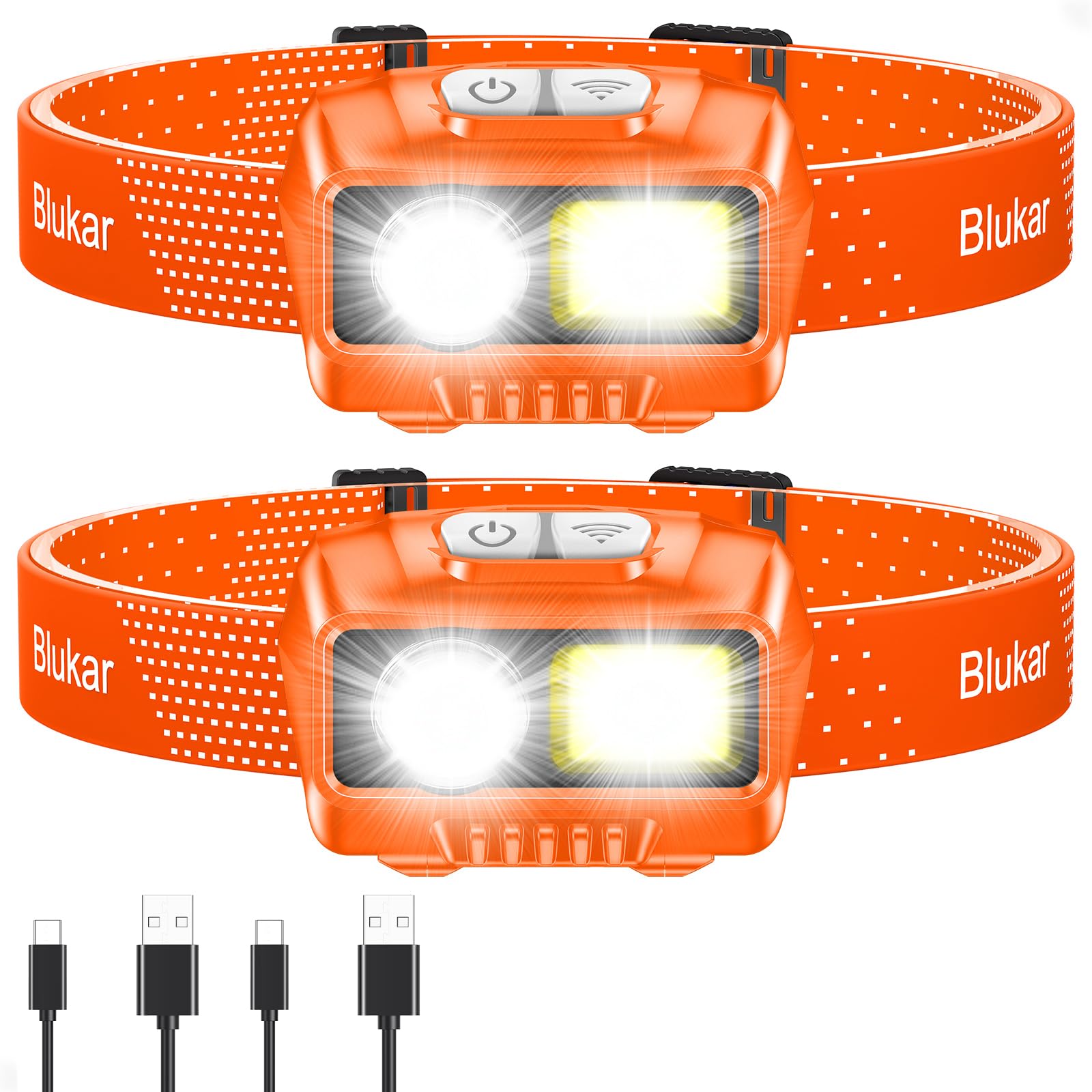Blukar LED Headlamp Rechargeable, High Lumen Super Bright Dimmable Headlight Flashlight with Motion Sensor- 8 Modes,Spotlight&Floodlight,IPX5 Waterproof for Camping,Hiking,Running,Fishing -2 Pack