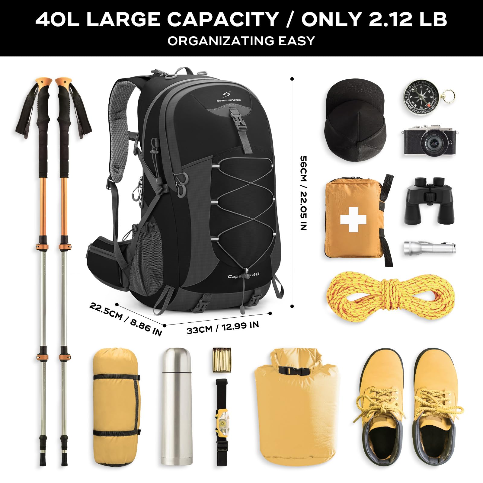 Maelstrom Hiking Backpack, Camping Backpack, 40L/50L Waterproof Hiking Daypack with Rain Cover, Lightweight Travel Backpack