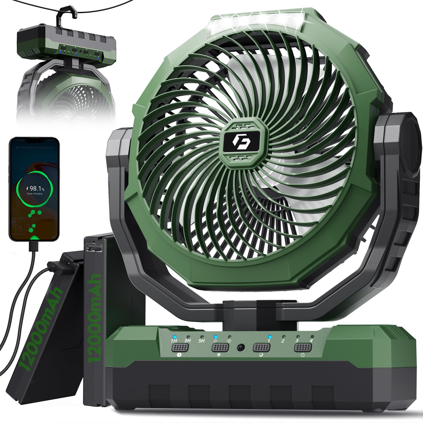 FRIZCOL 3-in-1 Camping Fan - Portable Fans Rechargeable - 24000mAh Battery Powered Fan with Light & Remote for Indoor, Outdoor, Tent, Travel, Fishing, Jobsite, Gifts for Men Dad Him
