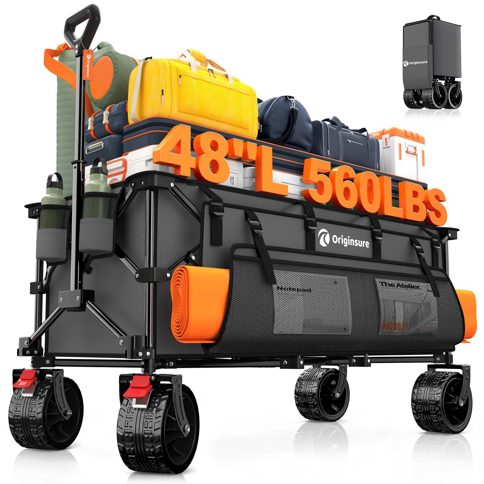 Originsure 48" L Collapsible Wagon Cart Foldable, 560lbs Weight Capacity 300L Heavy Duty Folding Beach Wagons with Big All-Terrain Wheels, Utility Carts for Groceries, Shopping, Camping, Sports
