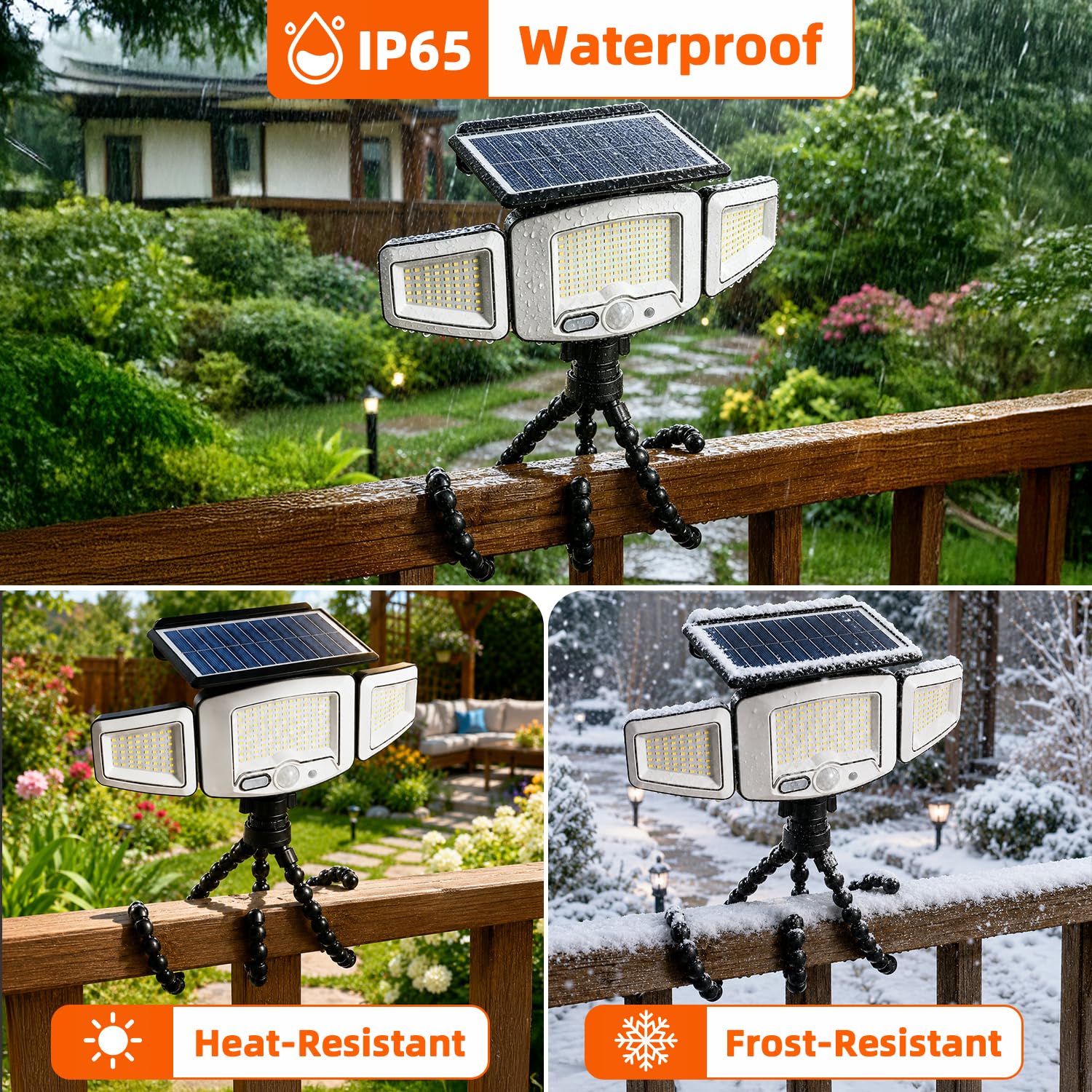 Solar Motion Sensor Light Outdoor Flexible Octopus Tripod, Clip On Solar Lights IP65 Waterproof 360° Rotate, 231 LED 1200LM USB & Solar Powered Security Lights for Fence, Pole, Trees, Garden, Camping