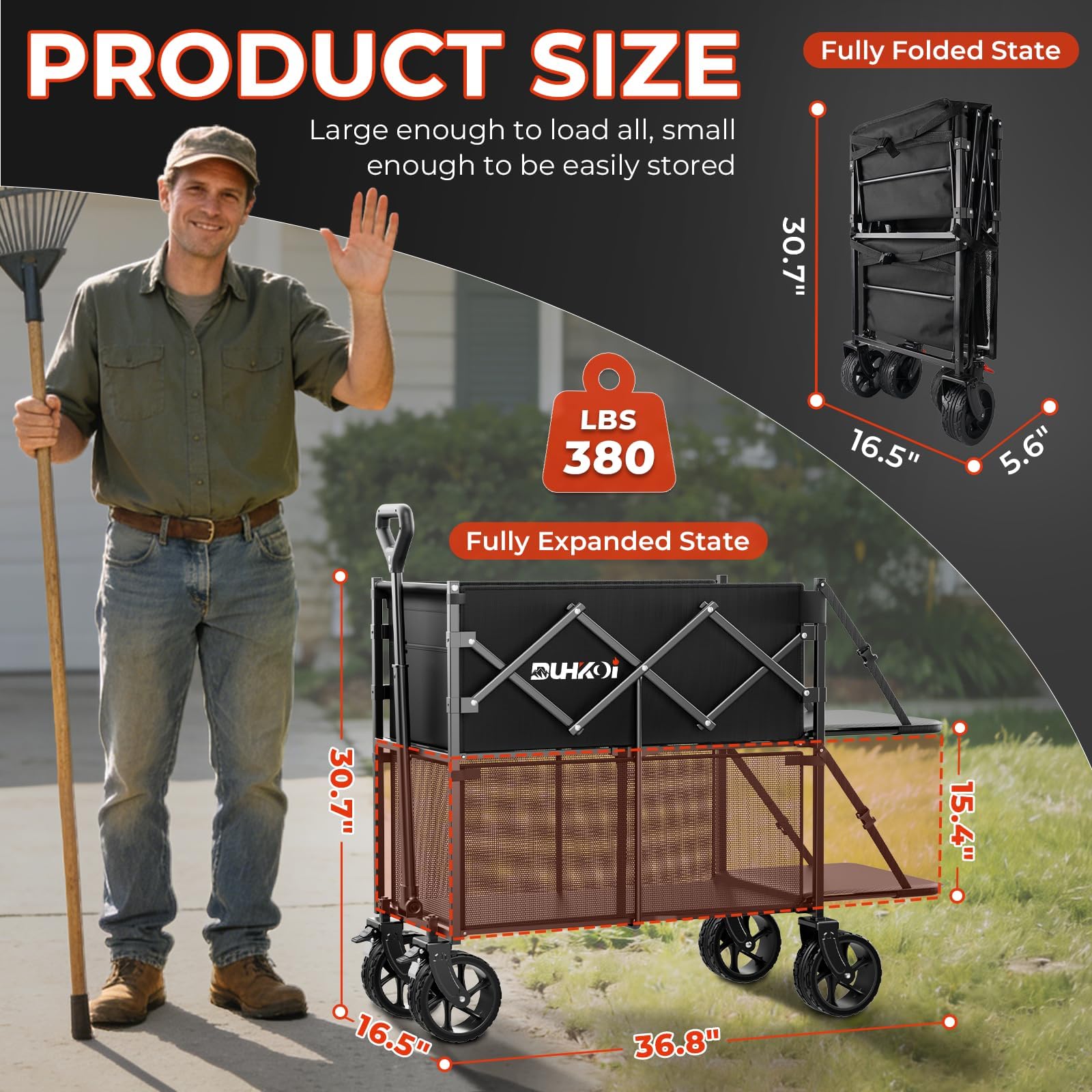 DUHKOI Double Decker Wagon 320L Large Capacity 400LBS Collapsible Sports Utility Cart with Big Wheels,Double Extended Tailgate Heavy Duty Folding Wagon Cart for Groceries,Camping,Outdoor