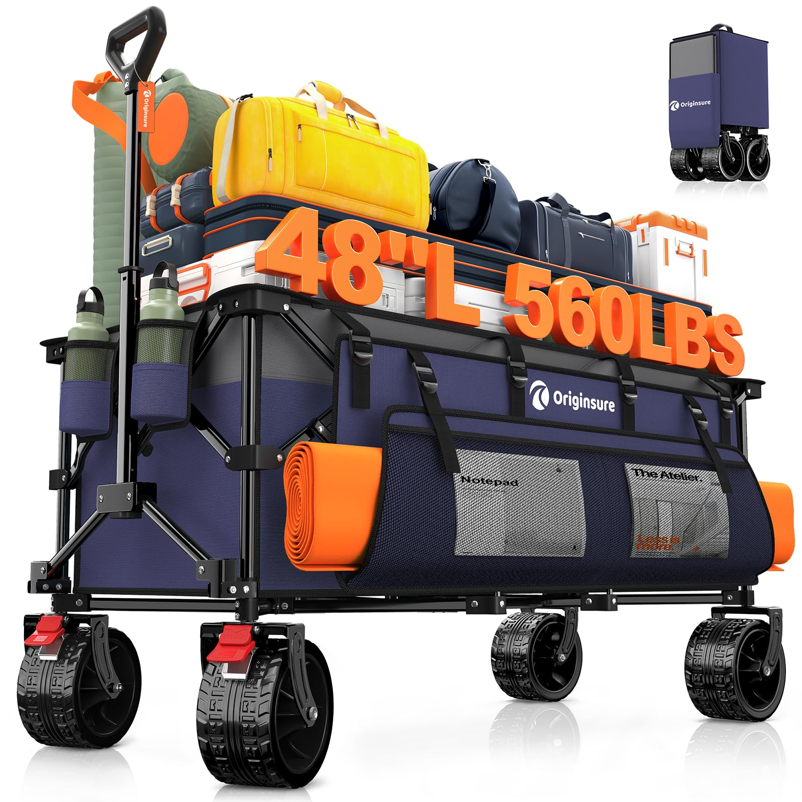 Originsure 48" L Collapsible Wagon Cart Foldable, 560lbs Weight Capacity 300L Heavy Duty Folding Beach Wagons with Big All-Terrain Wheels, Utility Carts for Groceries, Shopping, Camping, Sports