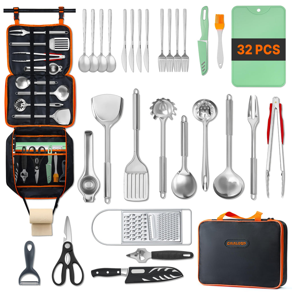 Gaialoop Portable Camping Cooking Utensils Set, Camp Kitchen Set with Organizer Bag, RV Essentials Outdoor Cooking Utensil Kit for Travel, Picnics, Camping, BBQs, Parties