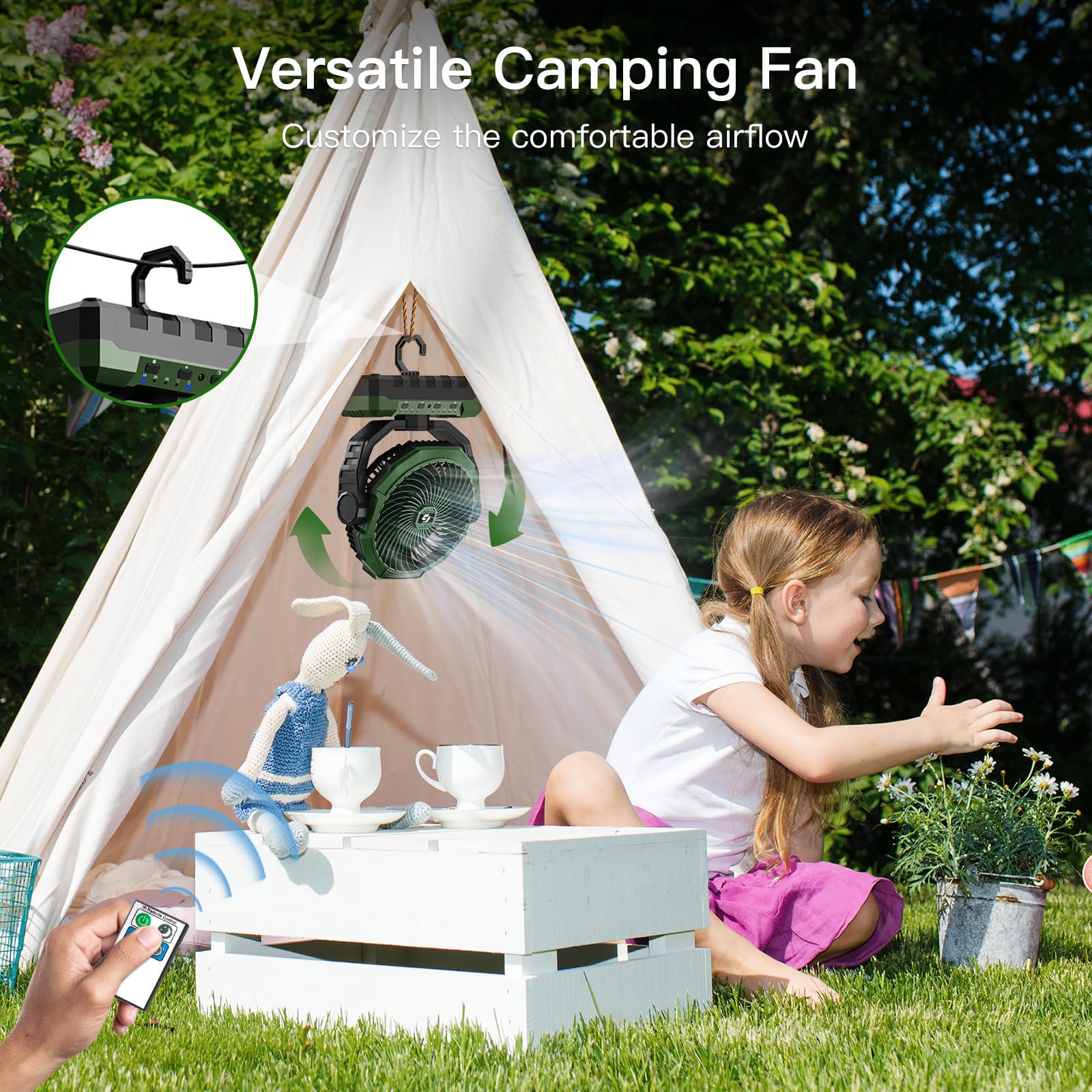 FRIZCOL 3-in-1 Camping Fan - Portable Fans Rechargeable - 24000mAh Battery Powered Fan with Light & Remote for Indoor, Outdoor, Tent, Travel, Fishing, Jobsite, Gifts for Men Dad Him