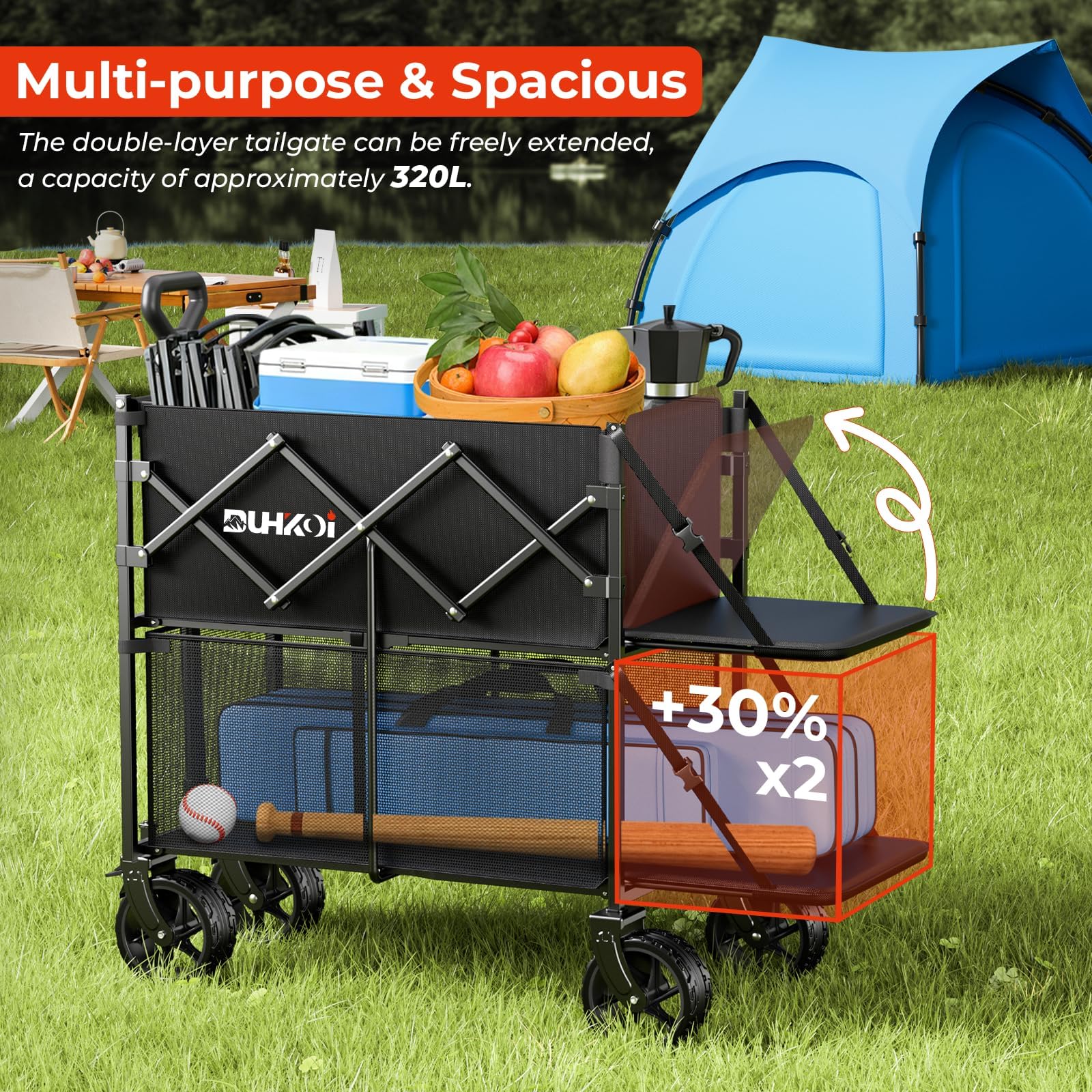 DUHKOI Double Decker Wagon 320L Large Capacity 400LBS Collapsible Sports Utility Cart with Big Wheels,Double Extended Tailgate Heavy Duty Folding Wagon Cart for Groceries,Camping,Outdoor