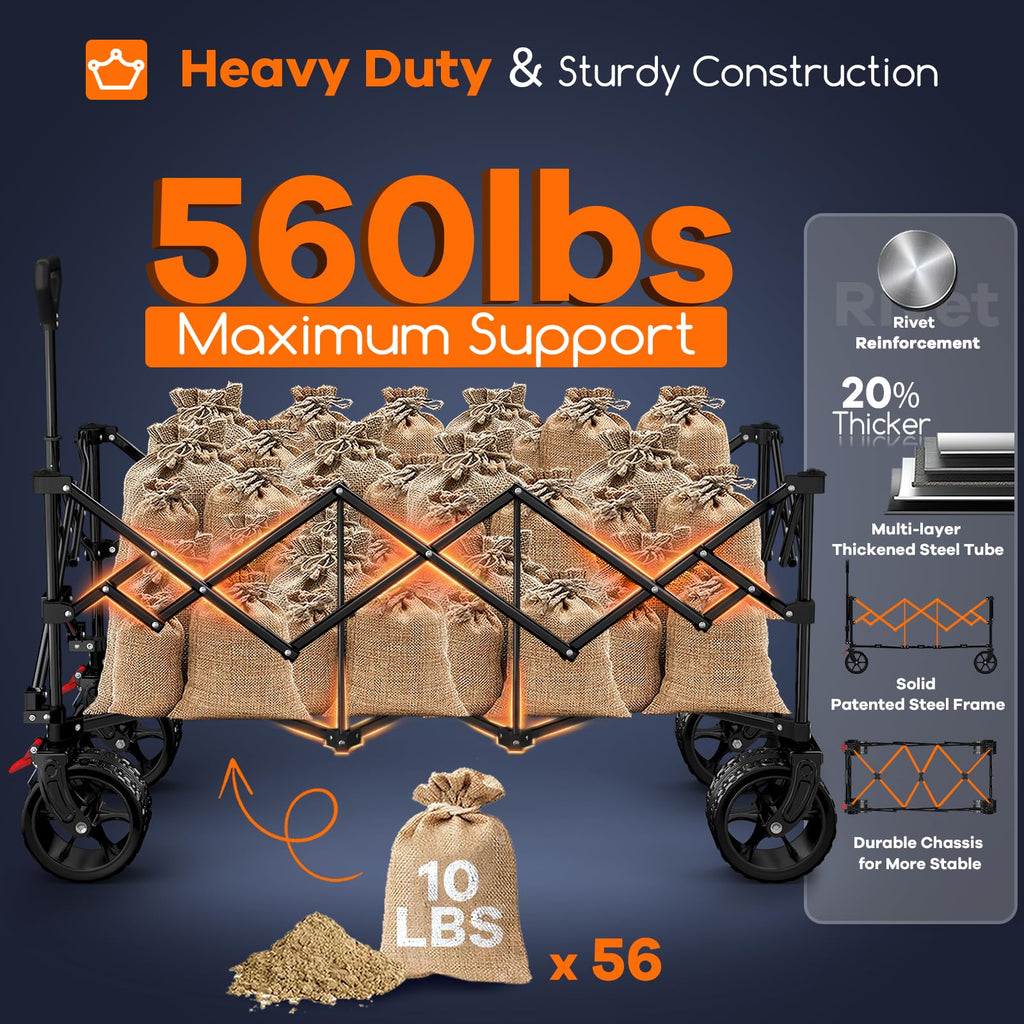 Originsure 48" L Collapsible Wagon Cart Foldable, 560lbs Weight Capacity 300L Heavy Duty Folding Beach Wagons with Big All-Terrain Wheels, Utility Carts for Groceries, Shopping, Camping, Sports