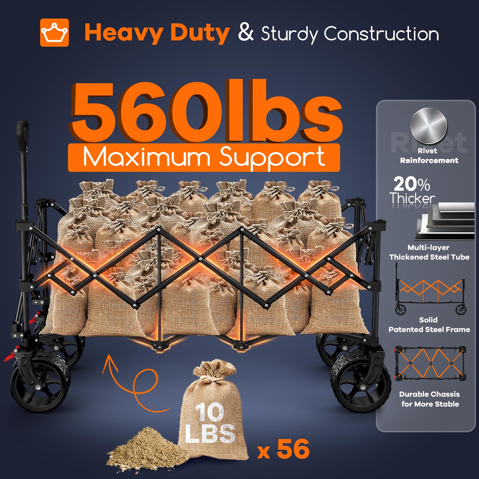 Originsure 48" L Collapsible Wagon Cart Foldable, 560lbs Weight Capacity 300L Heavy Duty Folding Beach Wagons with Big All-Terrain Wheels, Utility Carts for Groceries, Shopping, Camping, Sports