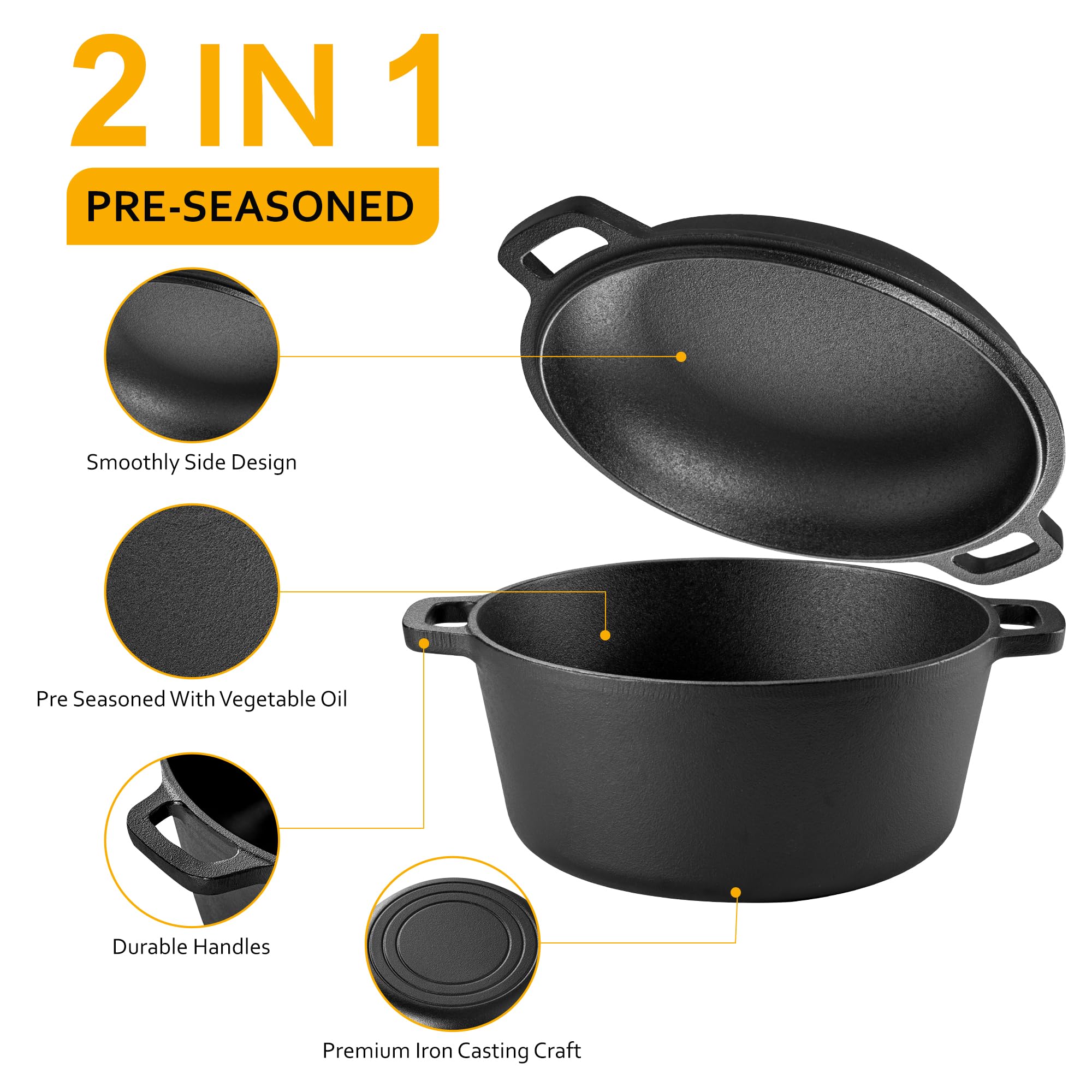 Velaze Pre-Seasoned Cast Iron Dutch Oven Pot with Lid