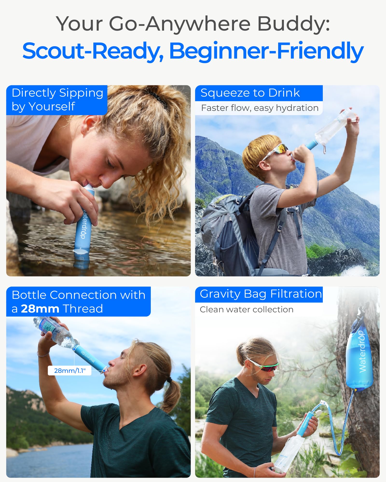Waterdrop Gravity Water Filter Straw, Camping Water Filtration System, Water Purifier Survival for Travel, Backpacking and Emergency Preparedness, 1.5 gal Bag, 0.1 Micron, 5 Stage Filtration