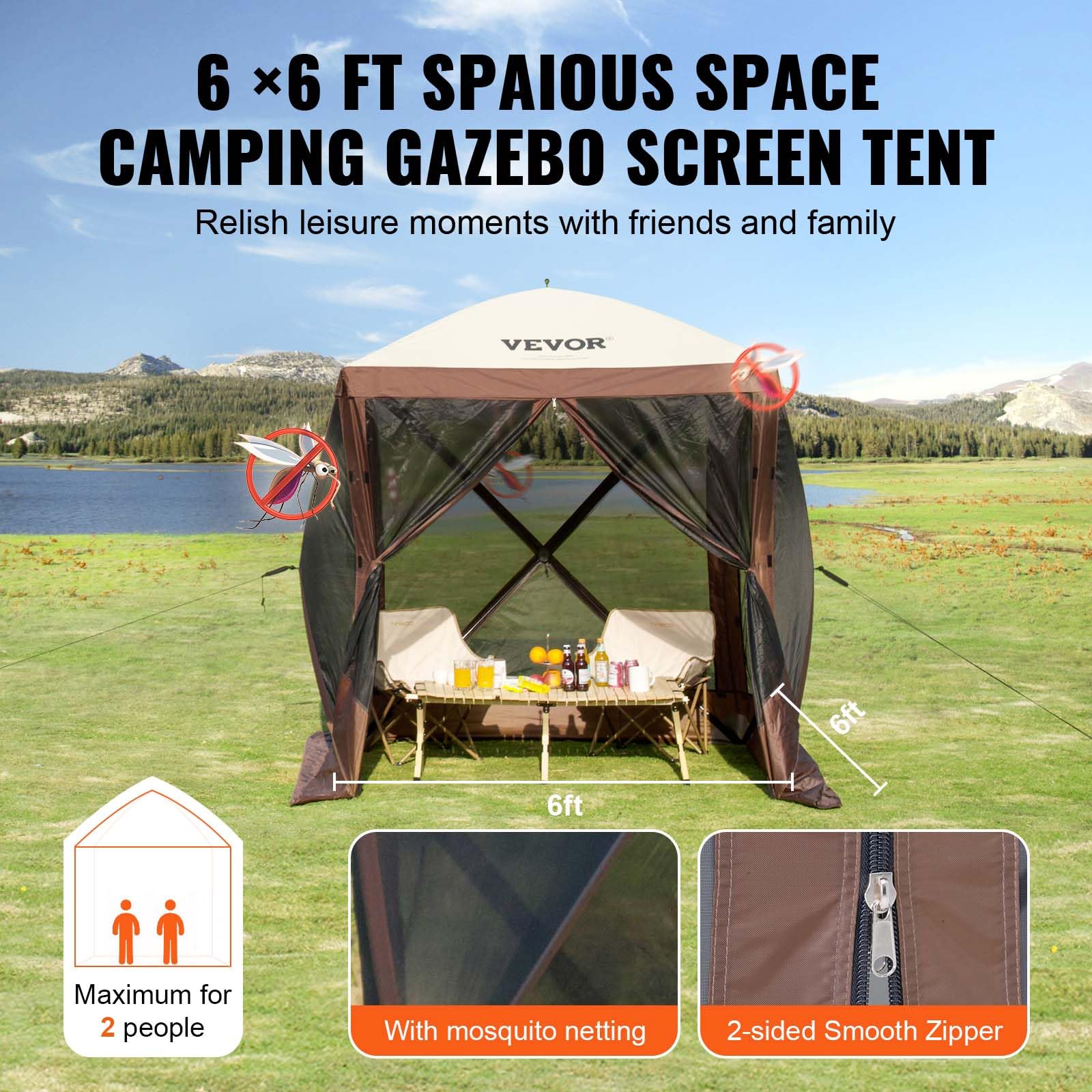 VEVOR 12x12ft Pop Up Gazebo Tent with Privacy Panels, Mosquito Netting & Removable Wind Cloths, 6-Sided Outdoor Canopy for Patio
