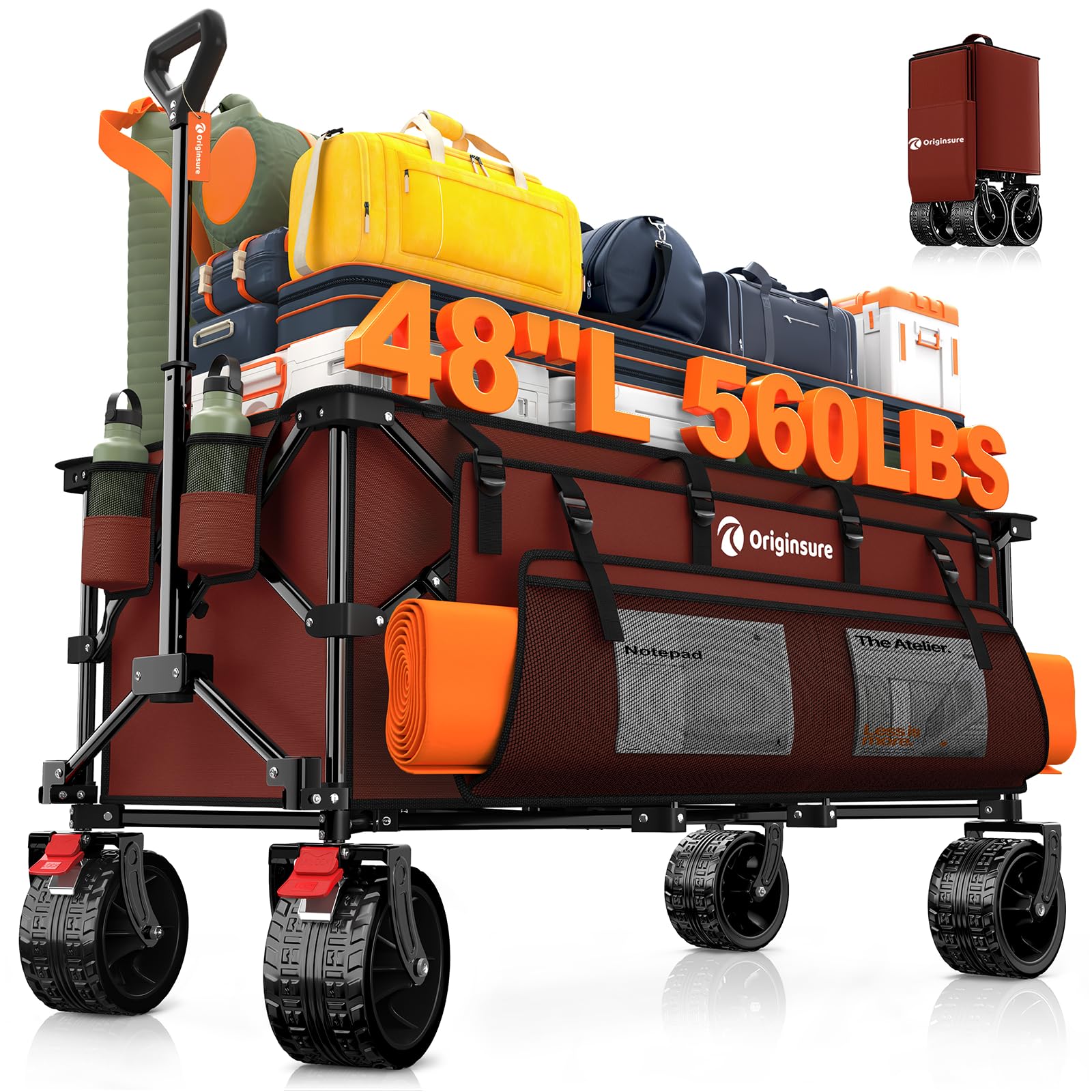 Originsure 48" L Collapsible Wagon Cart Foldable, 560lbs Weight Capacity 300L Heavy Duty Folding Beach Wagons with Big All-Terrain Wheels, Utility Carts for Groceries, Shopping, Camping, Sports