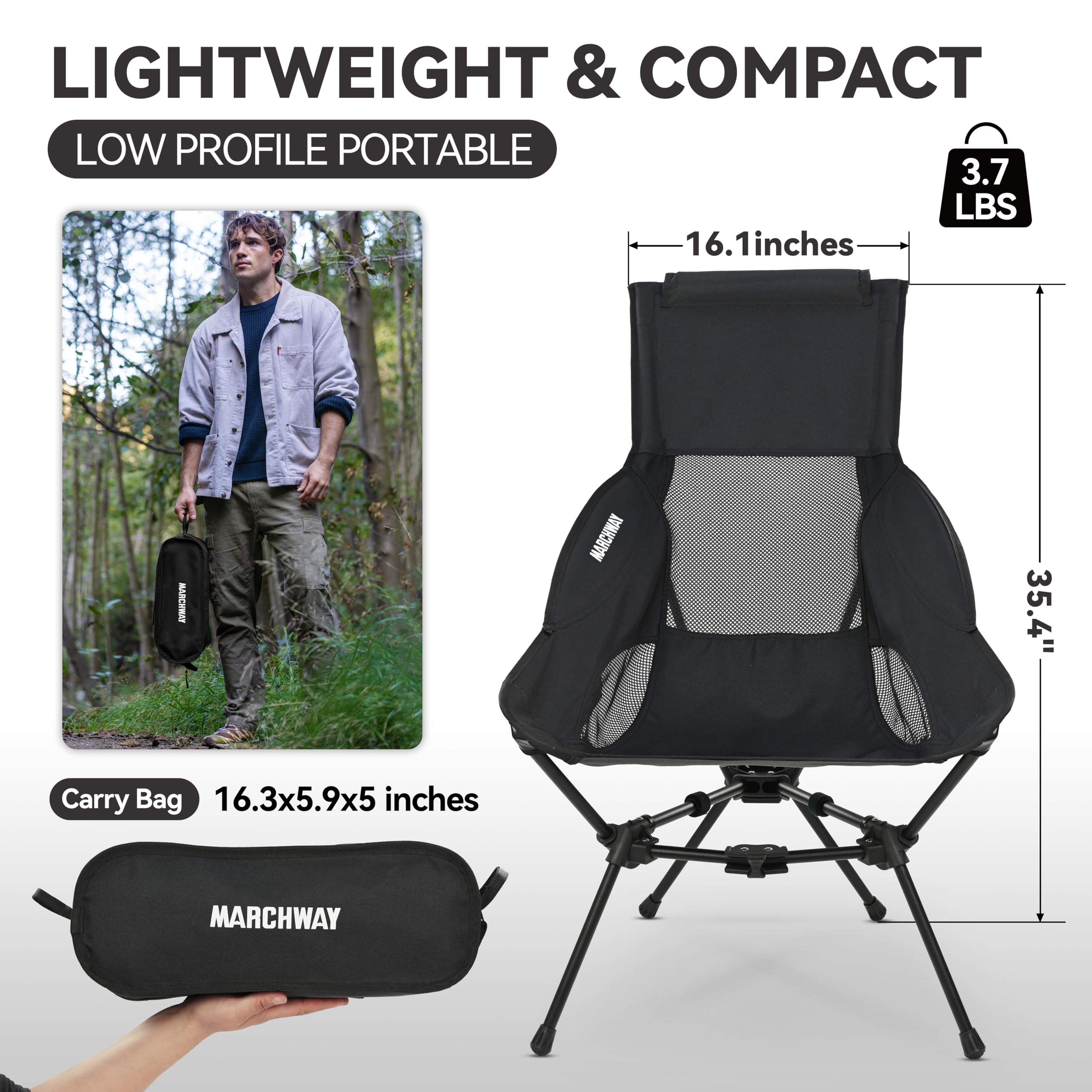 MARCHWAY Lightweight Portable Camping Chair, Stable Foldable Compact for Outdoor Camp, Travel, Beach, Picnic, Festival, Hiking, Backpacking