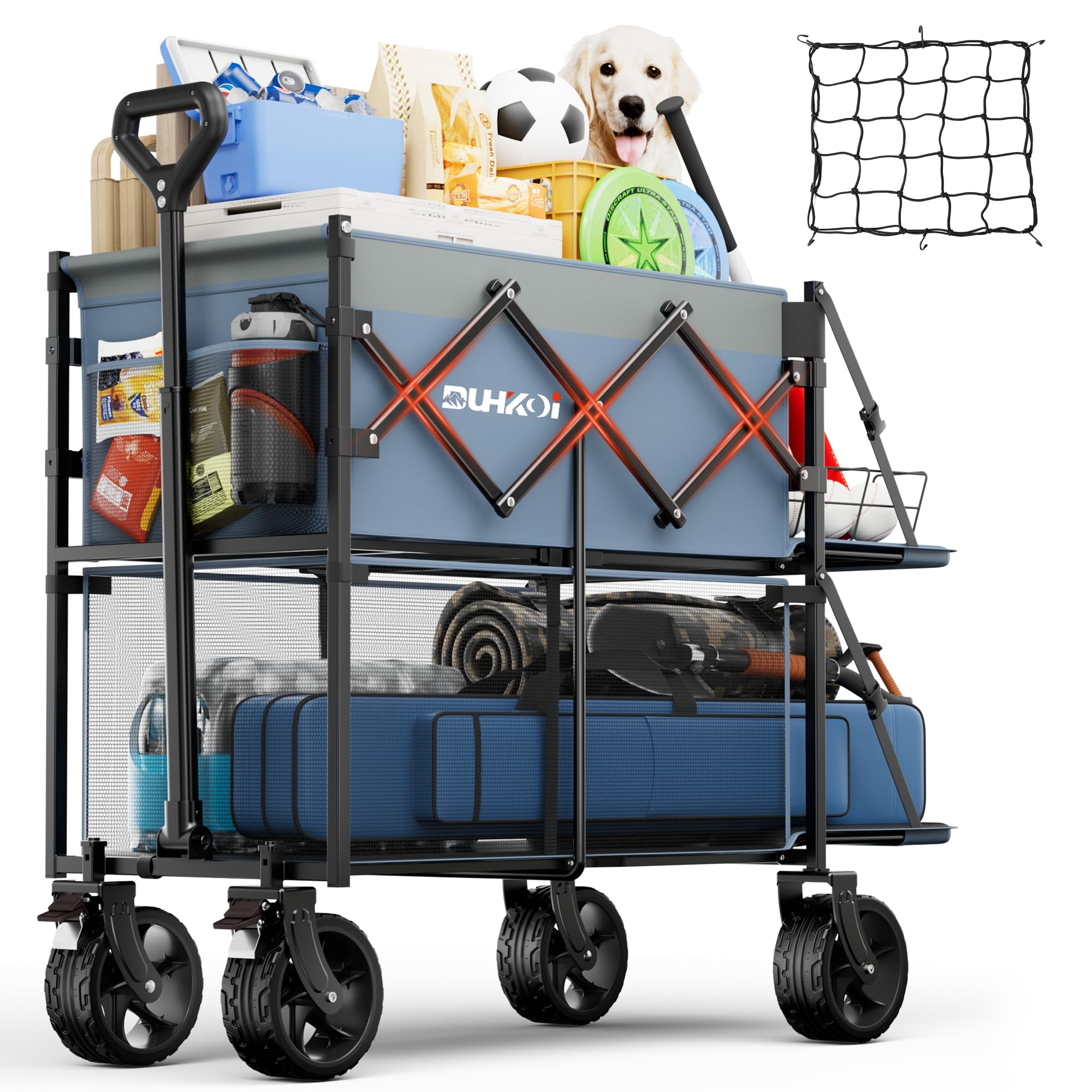 DUHKOI Double Decker Wagon 320L Large Capacity 400LBS Collapsible Sports Utility Cart with Big Wheels,Double Extended Tailgate Heavy Duty Folding Wagon Cart for Groceries,Camping,Outdoor