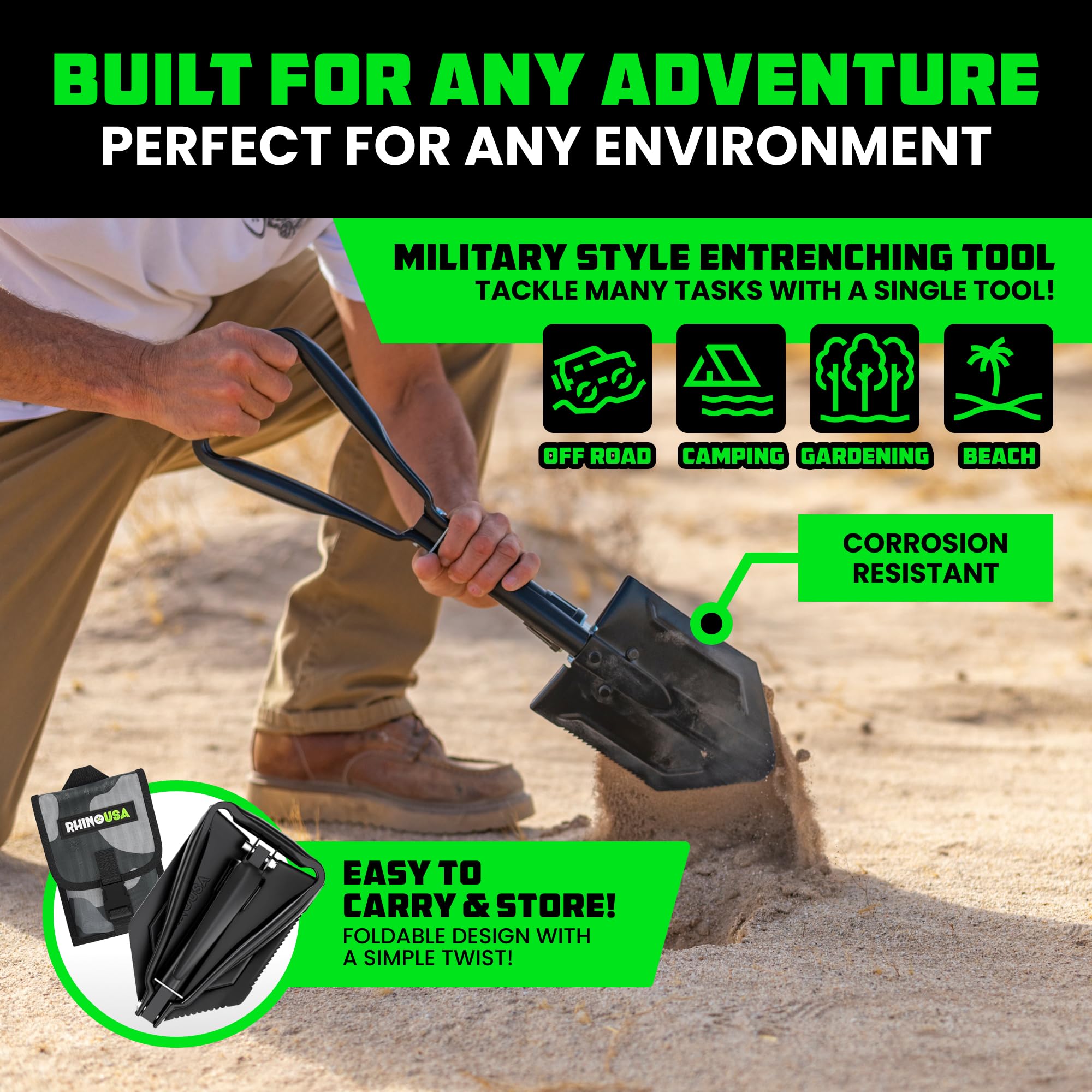 Rhino USA Folding Camping Shovel with Pick - Tactical Entrenching Tool