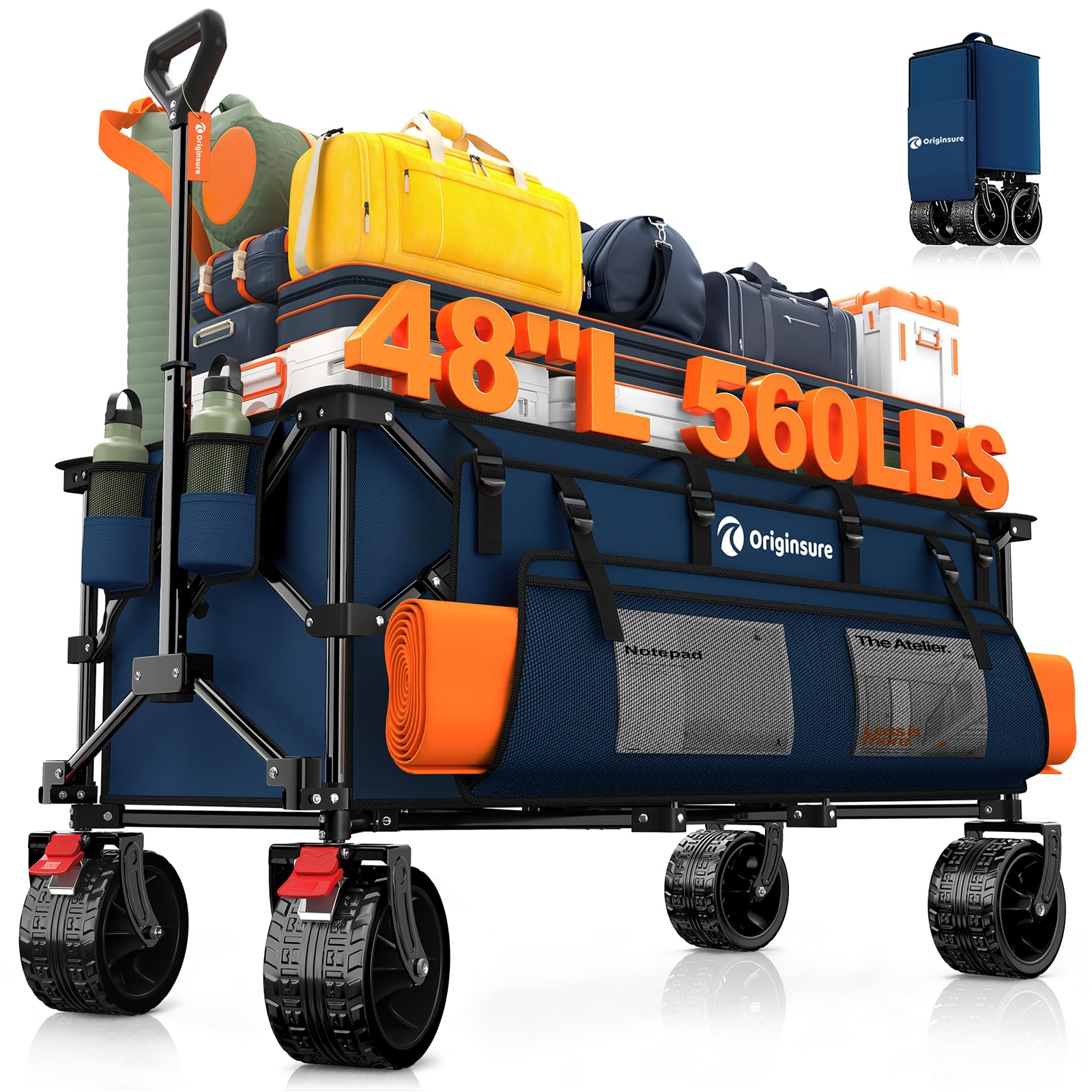 Originsure 48" L Collapsible Wagon Cart Foldable, 560lbs Weight Capacity 300L Heavy Duty Folding Beach Wagons with Big All-Terrain Wheels, Utility Carts for Groceries, Shopping, Camping, Sports