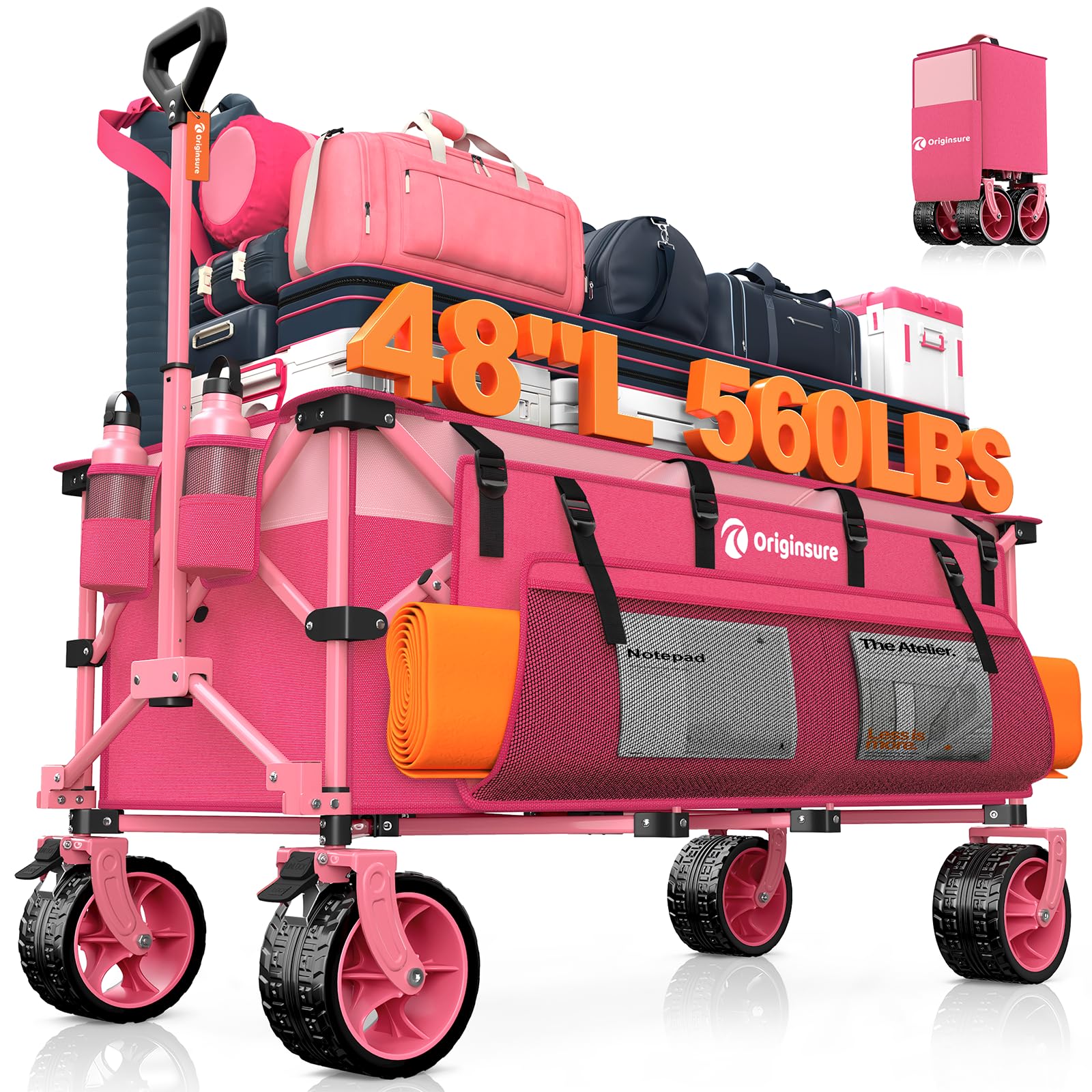 Originsure 48" L Collapsible Wagon Cart Foldable, 560lbs Weight Capacity 300L Heavy Duty Folding Beach Wagons with Big All-Terrain Wheels, Utility Carts for Groceries, Shopping, Camping, Sports
