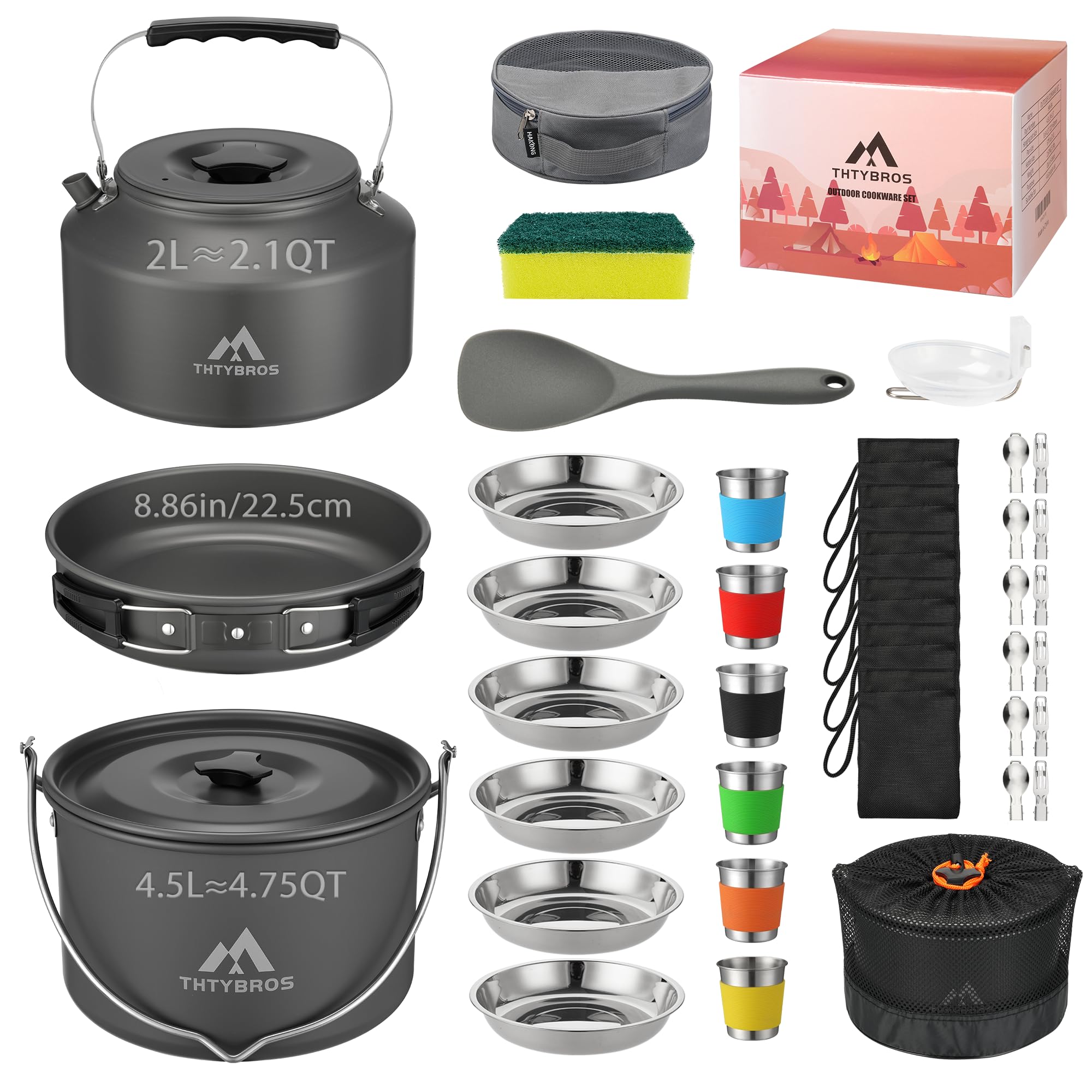 THTYBROS 43-Piece Camping Cookware Set,Large Mess Kit for 6 Persons,with 4.75QT Pot,2.1QT Kettle,Frying Pan,Cups,Utensils and Tableware,Heavy Duty Aluminum Cook Set for Outdoor Camping,Hiking,Picnic