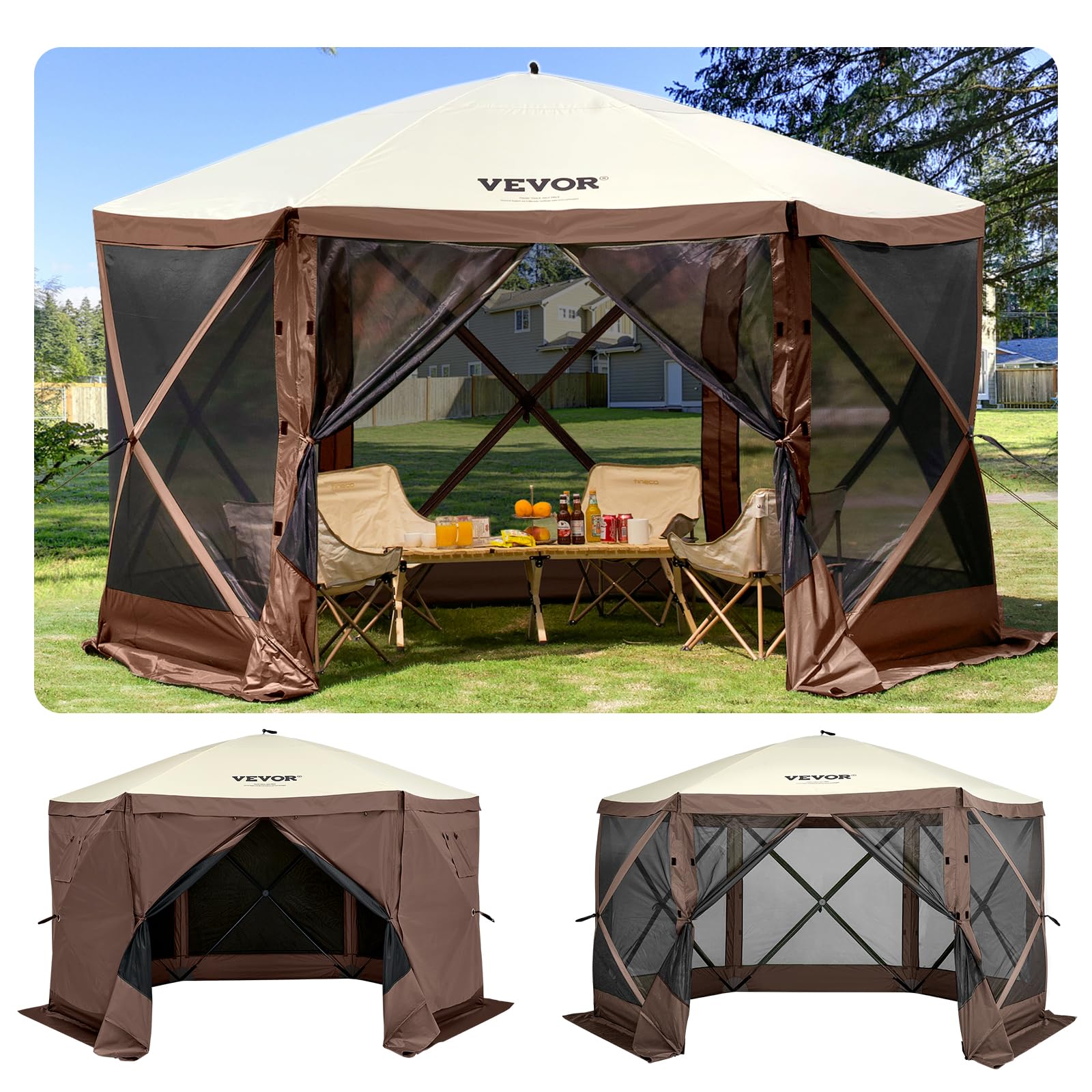 VEVOR 12x12ft Pop Up Gazebo Tent with Privacy Panels, Mosquito Netting & Removable Wind Cloths, 6-Sided Outdoor Canopy for Patio