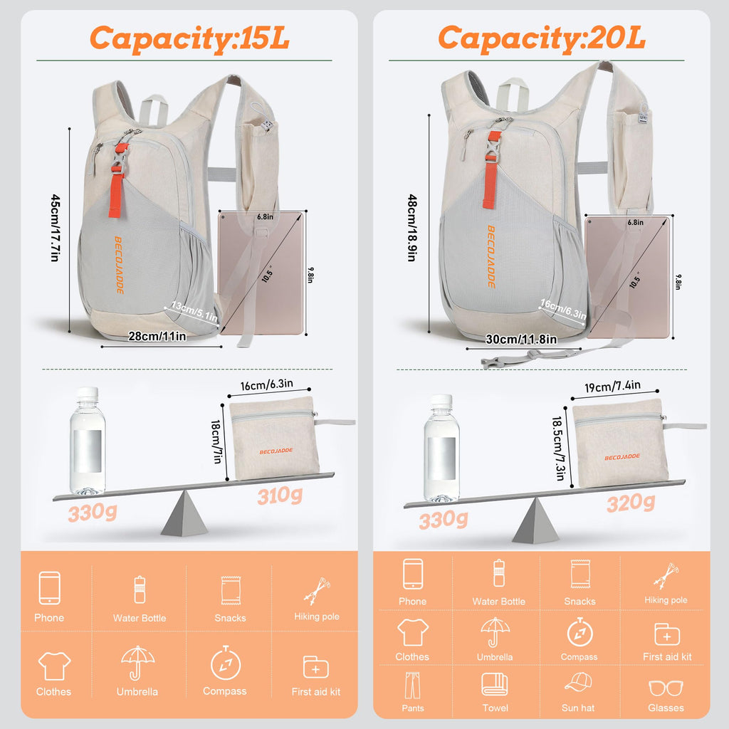 BECOJADDE 15L/ 20L Small Hiking Backpack for Men Women Foldable Light Back Pack Hiking Daypack for Travel Camping