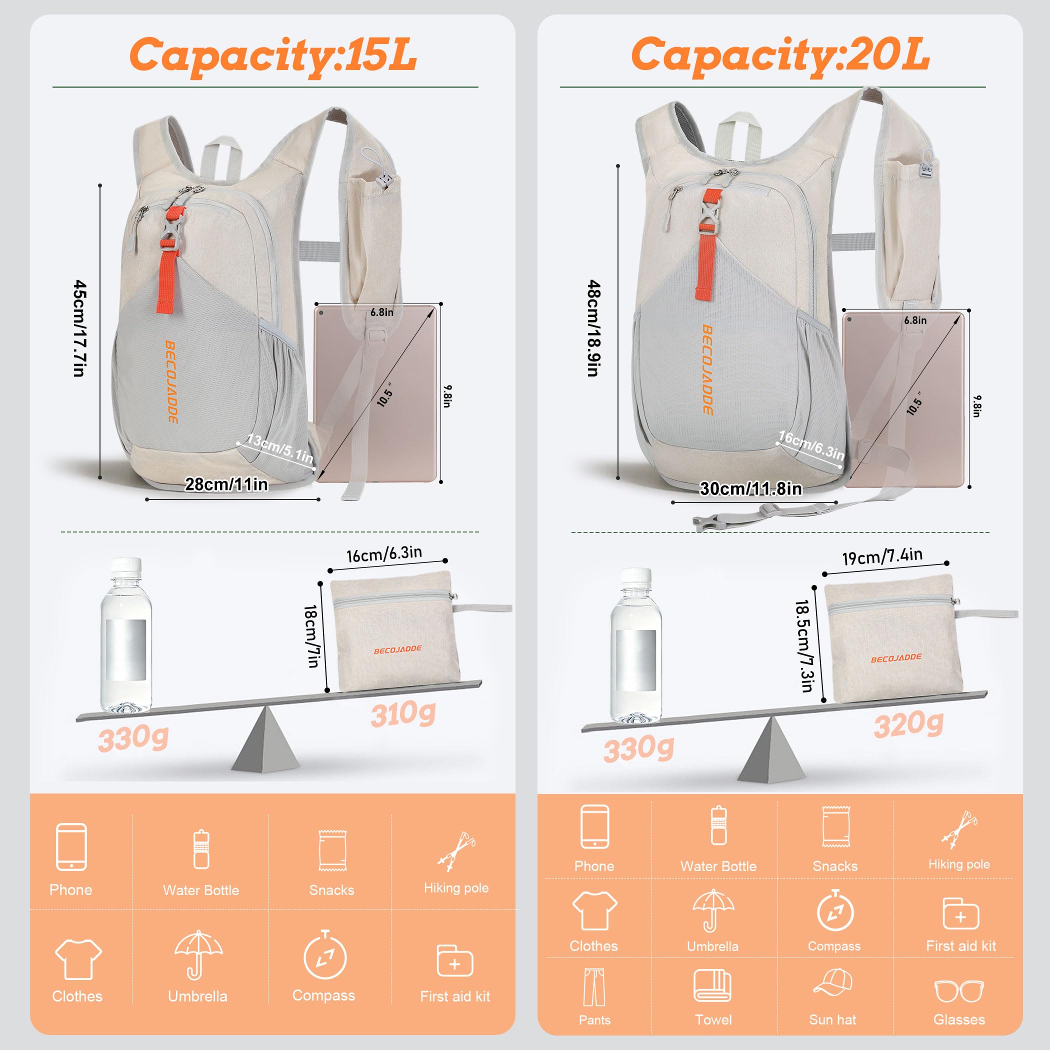 BECOJADDE 15L/ 20L Small Hiking Backpack for Men Women Foldable Light Back Pack Hiking Daypack for Travel Camping