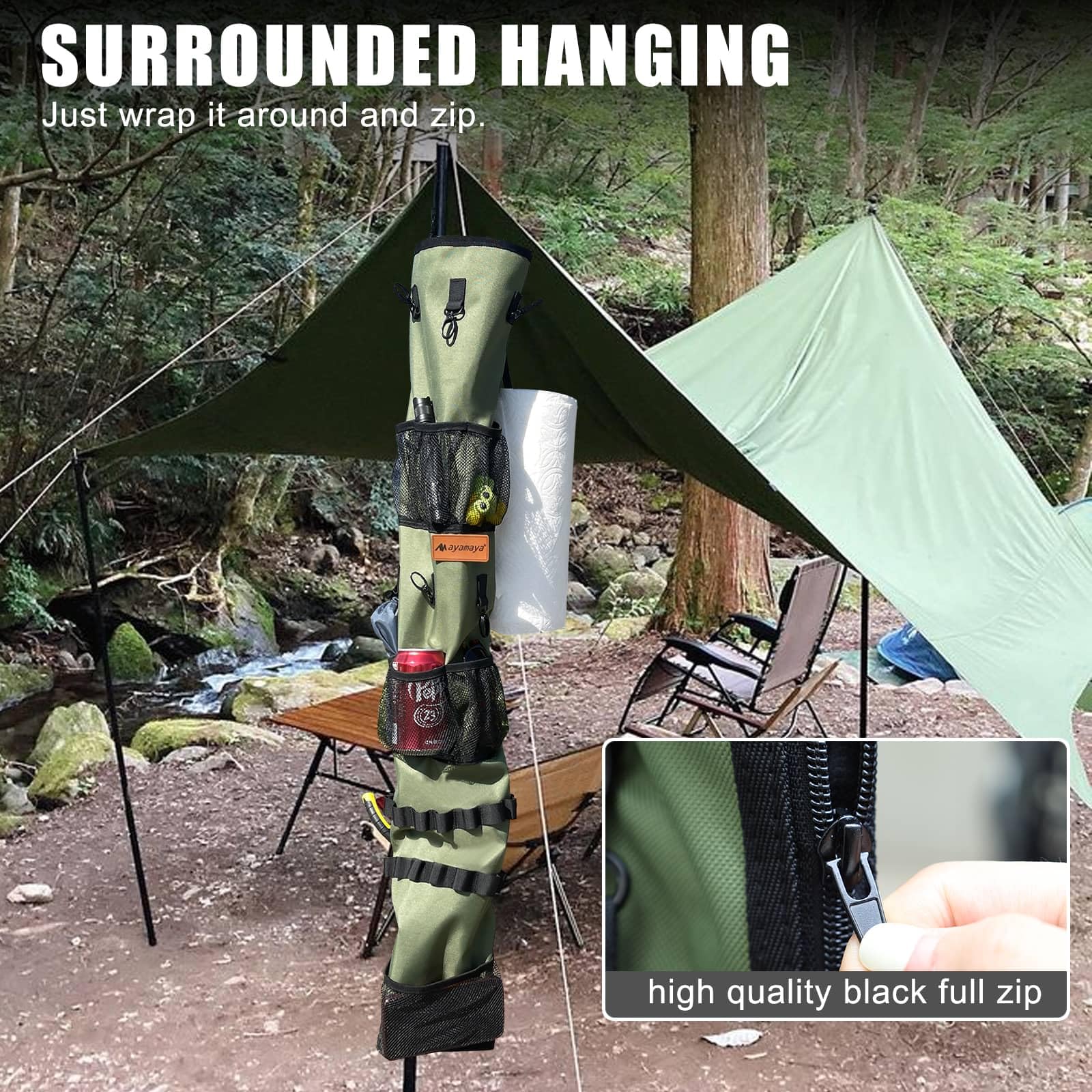 Camping Hanging Organizer - AYAMAYA Tent Organizer for Inside with Campsite Storage Straps & Mesh Pockets & Hanging Hooks for Camping, RV Camper, Picnic, One-Piece Storage Bag Multiple Can Be Spliced