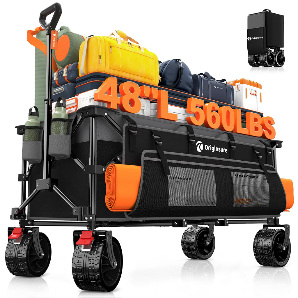 Originsure 48" L Collapsible Wagon Cart Foldable, 560lbs Weight Capacity 300L Heavy Duty Folding Beach Wagons with Big All-Terrain Wheels, Utility Carts for Groceries, Shopping, Camping, Sports
