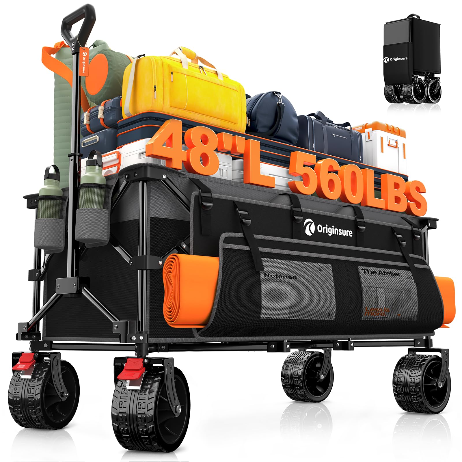 Originsure 48" L Collapsible Wagon Cart Foldable, 560lbs Weight Capacity 300L Heavy Duty Folding Beach Wagons with Big All-Terrain Wheels, Utility Carts for Groceries, Shopping, Camping, Sports
