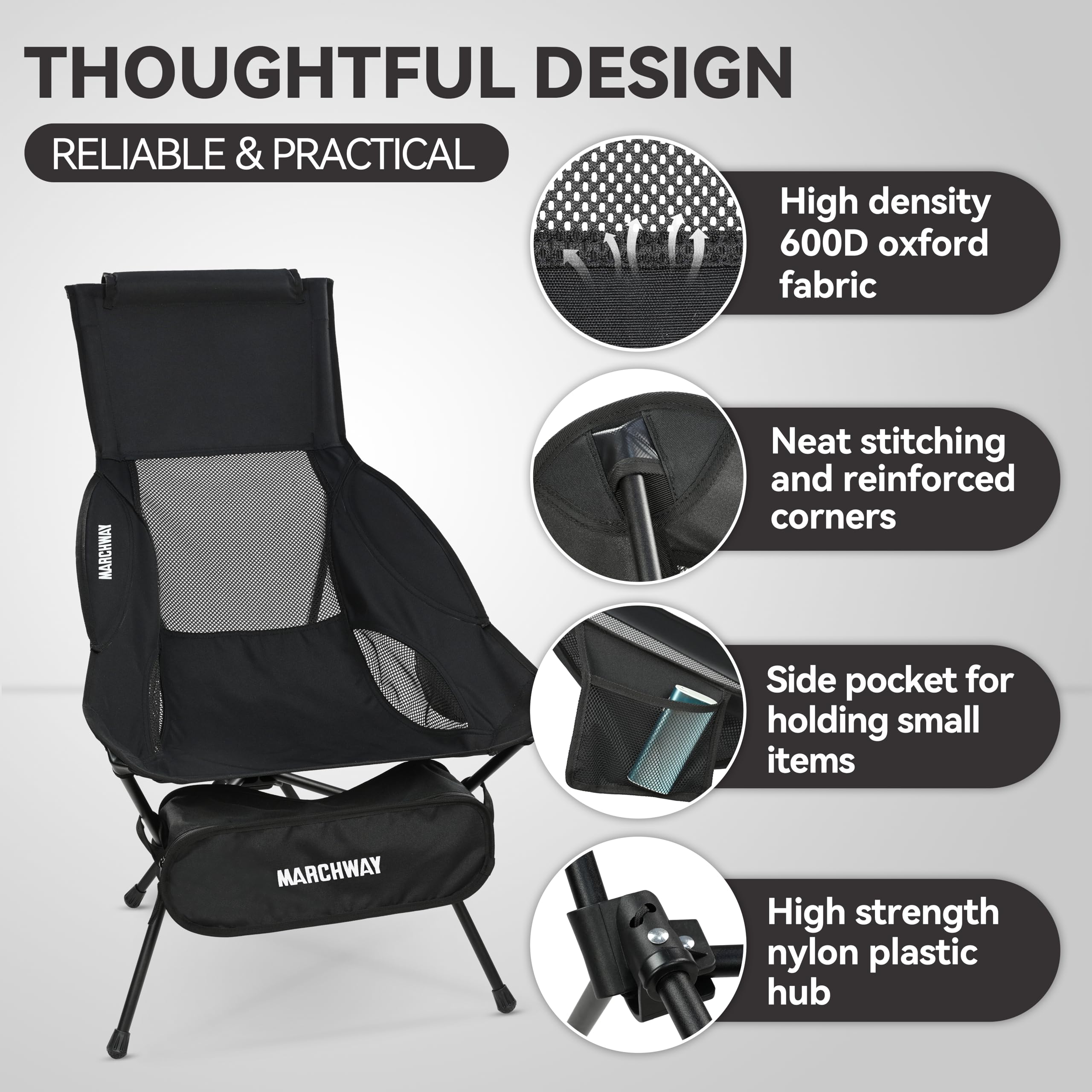 MARCHWAY Lightweight Portable Camping Chair, Stable Foldable Compact for Outdoor Camp, Travel, Beach, Picnic, Festival, Hiking, Backpacking