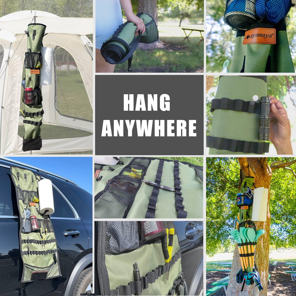 Camping Hanging Organizer - AYAMAYA Tent Organizer for Inside with Campsite Storage Straps & Mesh Pockets & Hanging Hooks for Camping, RV Camper, Picnic, One-Piece Storage Bag Multiple Can Be Spliced
