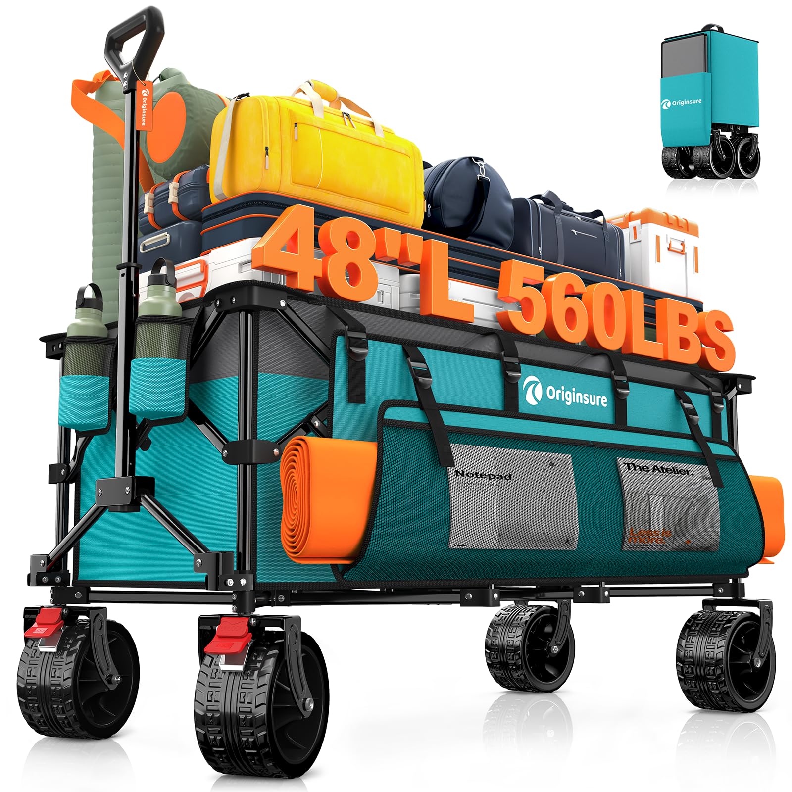 Originsure 48" L Collapsible Wagon Cart Foldable, 560lbs Weight Capacity 300L Heavy Duty Folding Beach Wagons with Big All-Terrain Wheels, Utility Carts for Groceries, Shopping, Camping, Sports