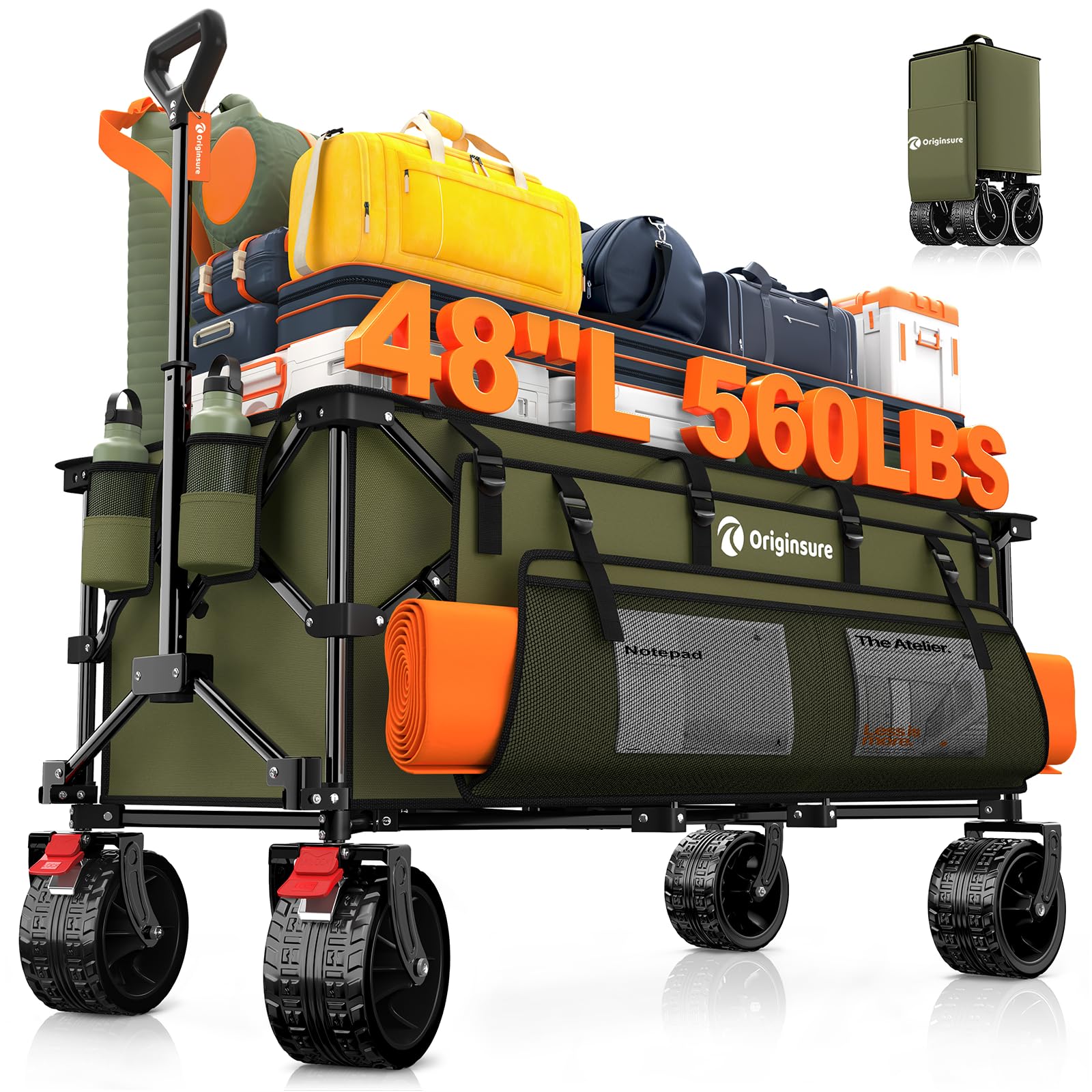Originsure 48" L Collapsible Wagon Cart Foldable, 560lbs Weight Capacity 300L Heavy Duty Folding Beach Wagons with Big All-Terrain Wheels, Utility Carts for Groceries, Shopping, Camping, Sports