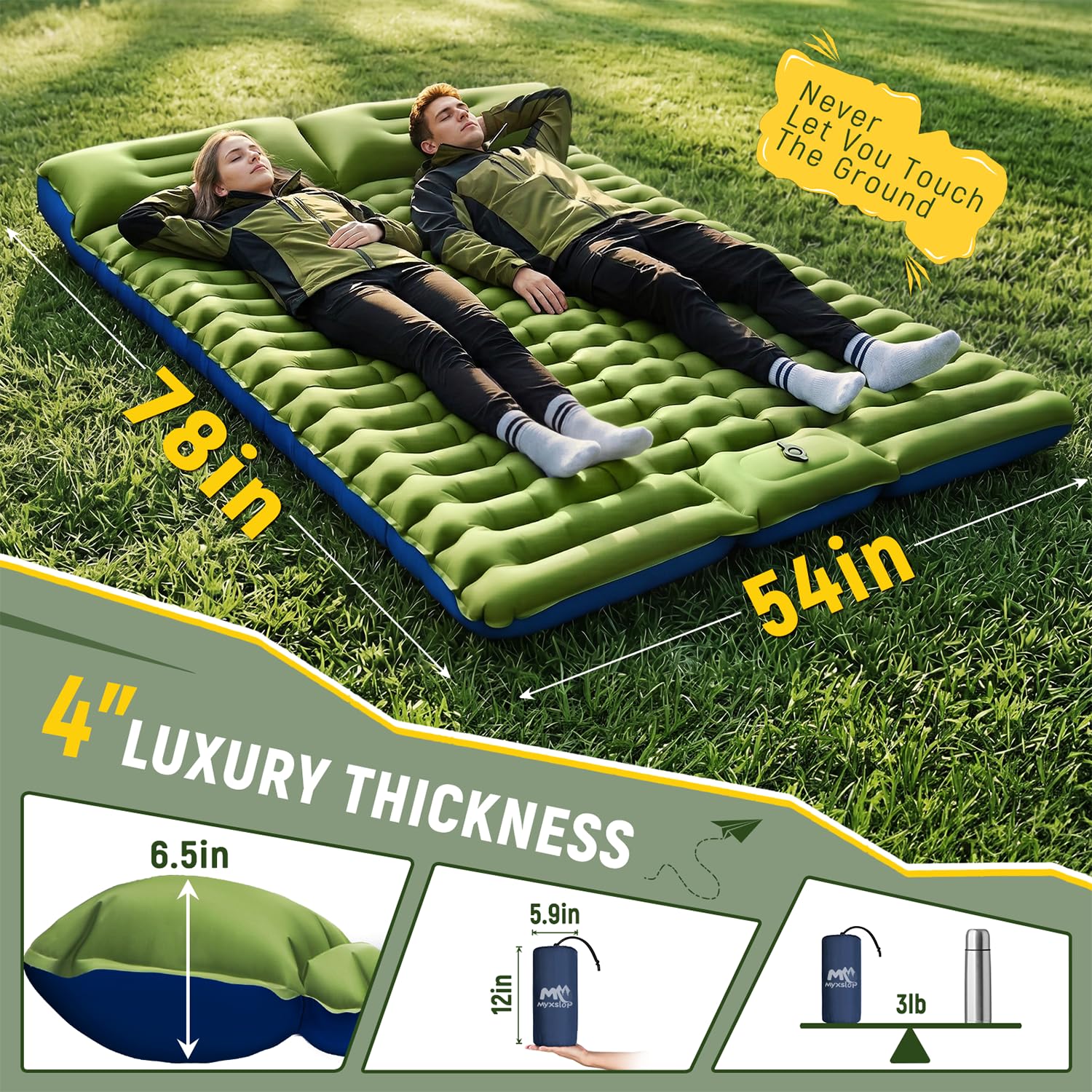 Myxslop Sleeping Pad for Camping, 4" Extra-Thick 2 Person Inflatable Camping Mattress with Built-in Pillow & Foot Pump, Compact Sleeping Mat for Outdoor Tent, Backpacking, Hiking and Car Travel